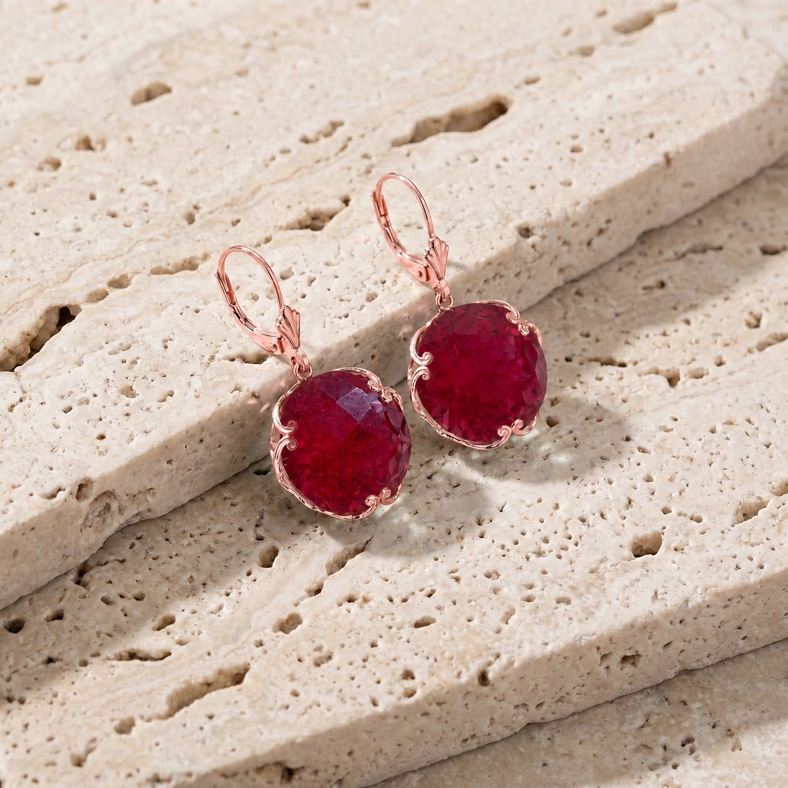 Rose Gold Rose Leverback Earrings Ruby 10K — Marianna