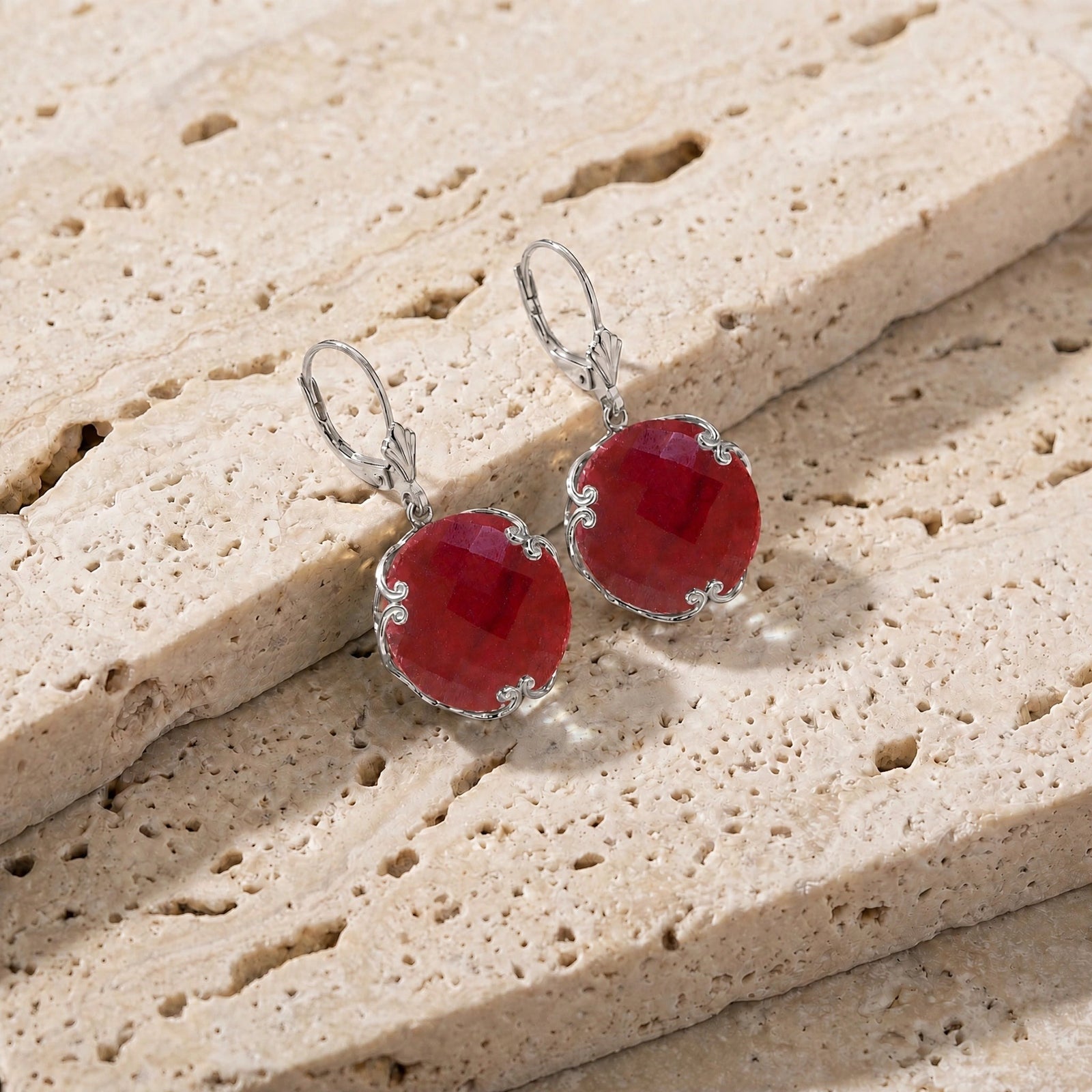 White Gold Rose Leverback Earrings Ruby 10K — Marianna