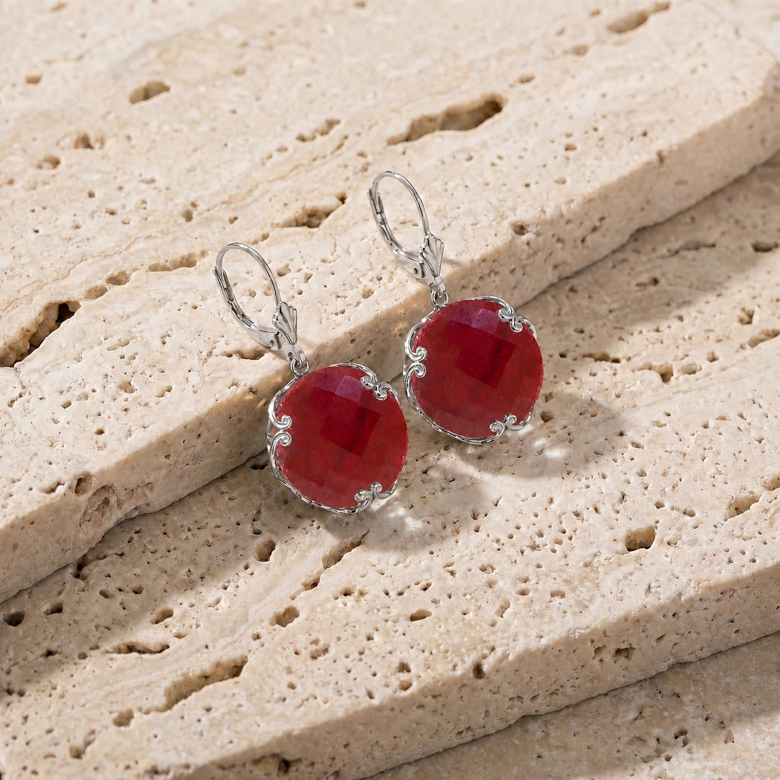 White Gold Rose Leverback Earrings Ruby 10K — Marianna