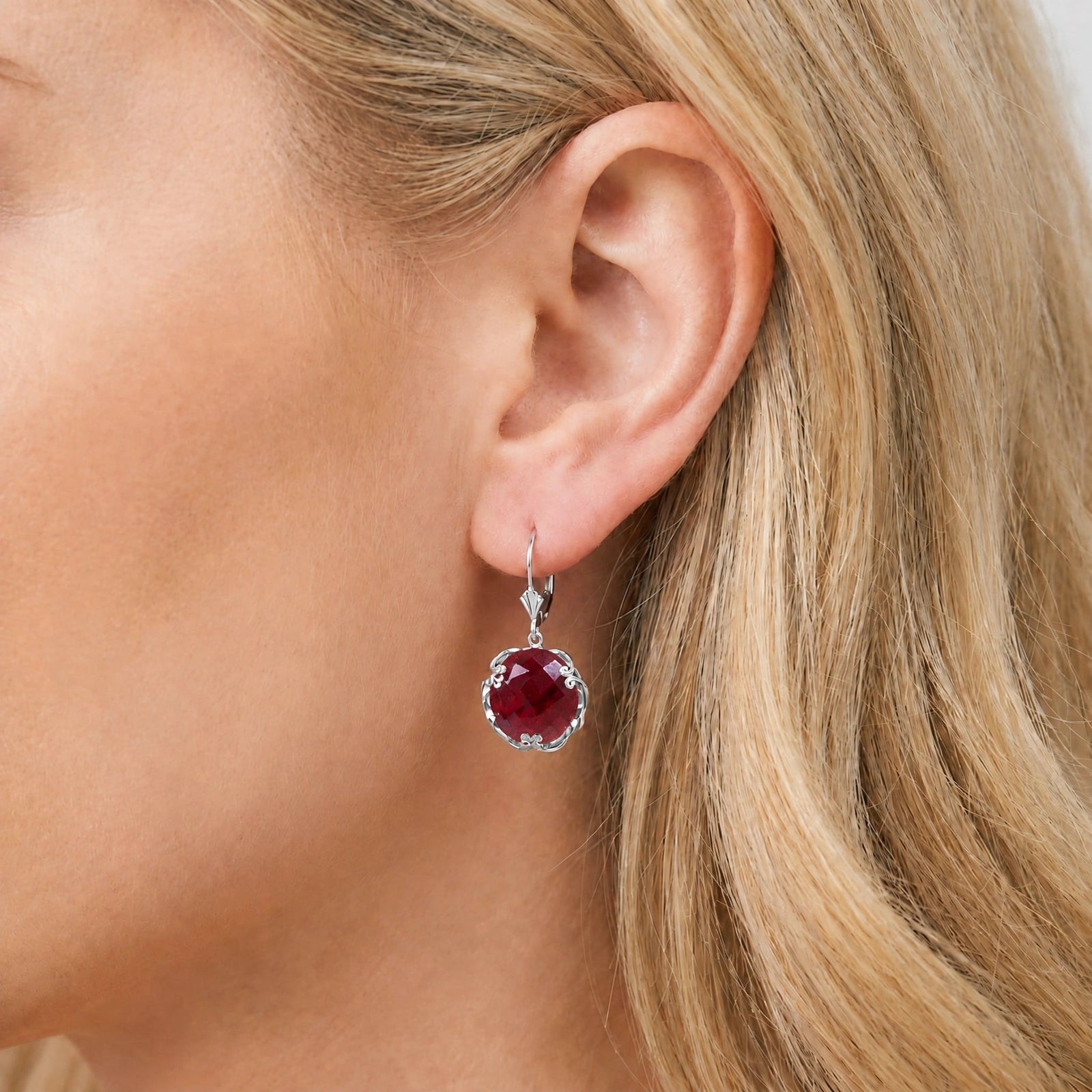 White Gold Rose Leverback Earrings Ruby 10K — Marianna