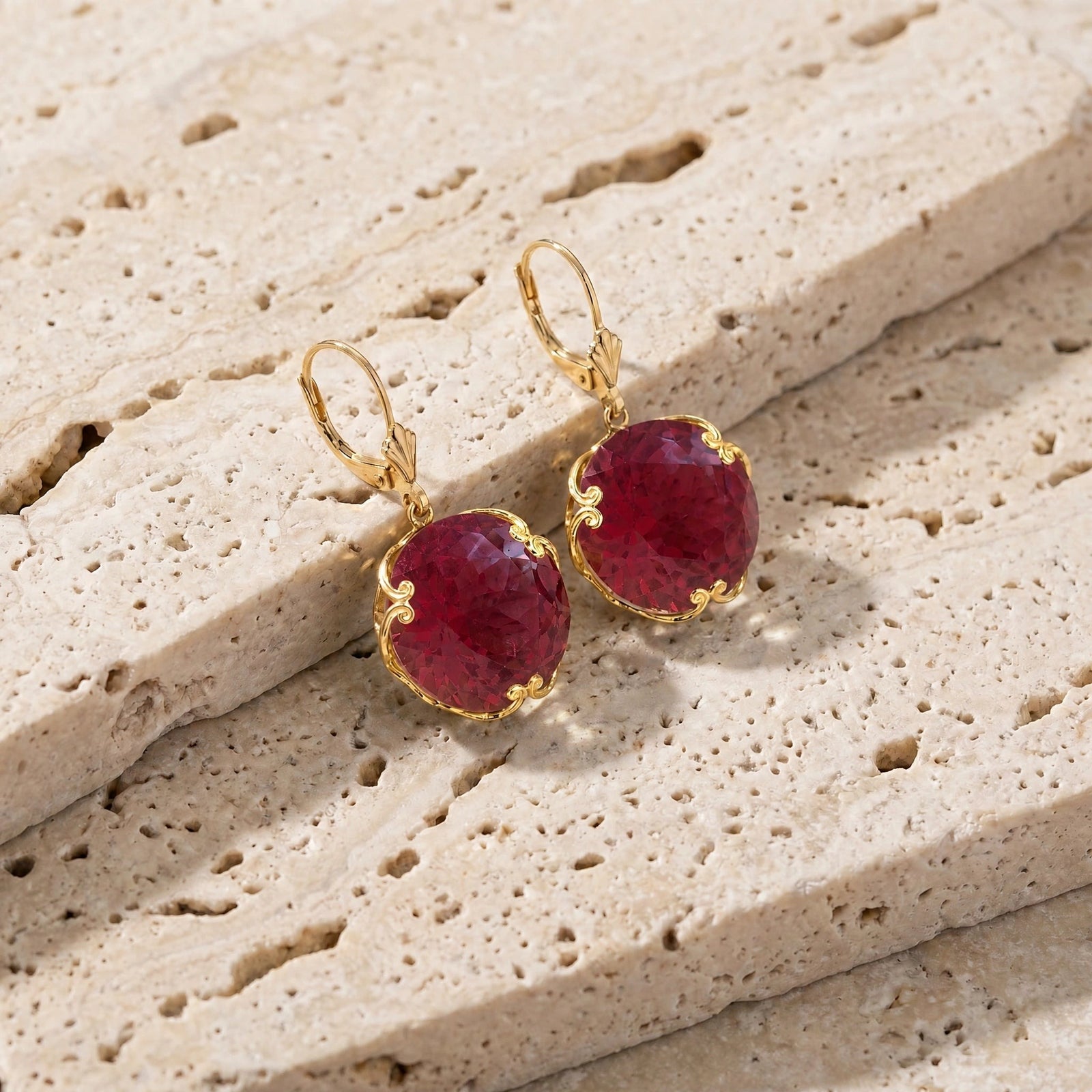 Yellow Gold Rose Leverback Earrings Ruby 10K — Marianna