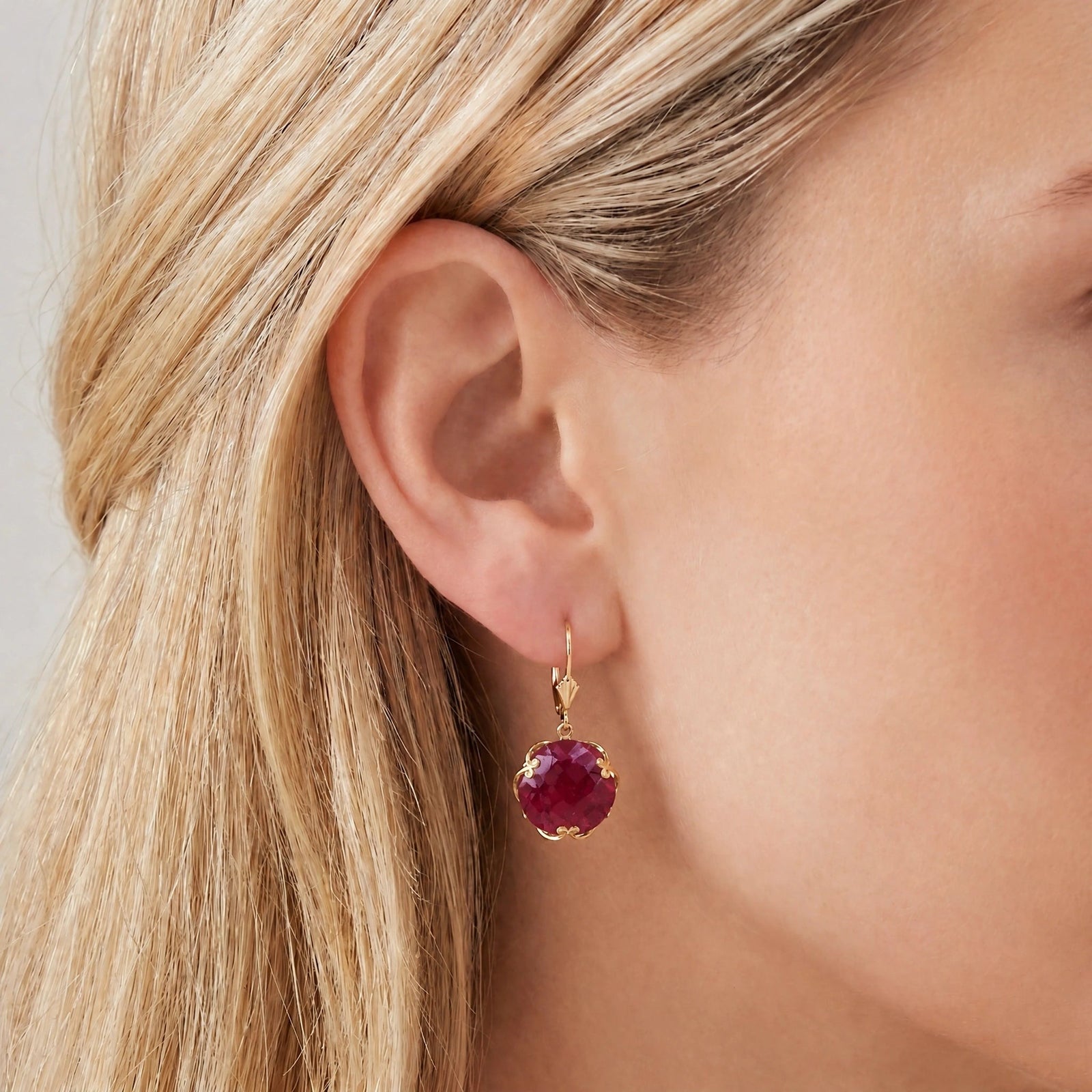 Yellow Gold Rose Leverback Earrings Ruby 10K — Marianna