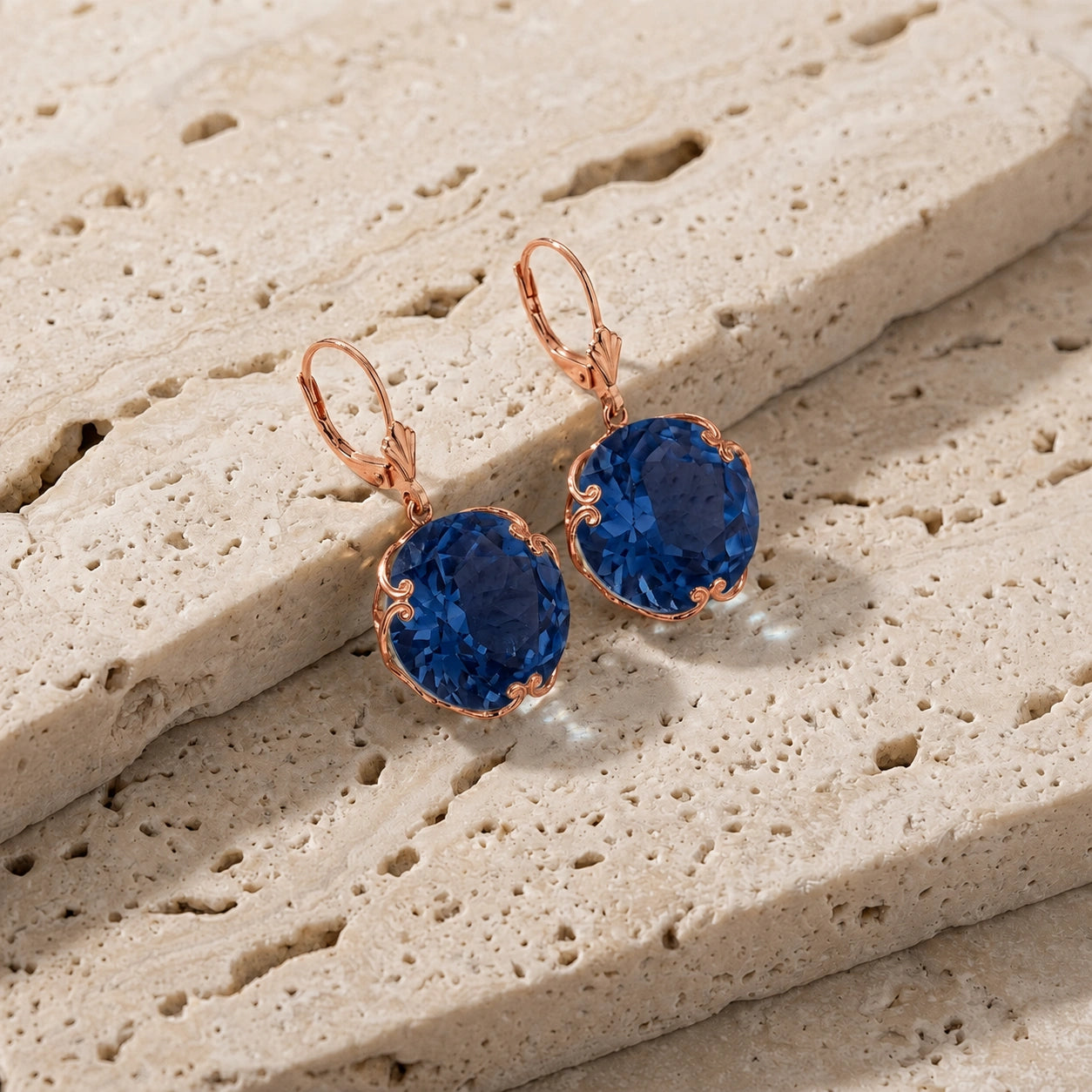Rose Gold Rose Leverback Earrings Sapphire 10K — Marianna