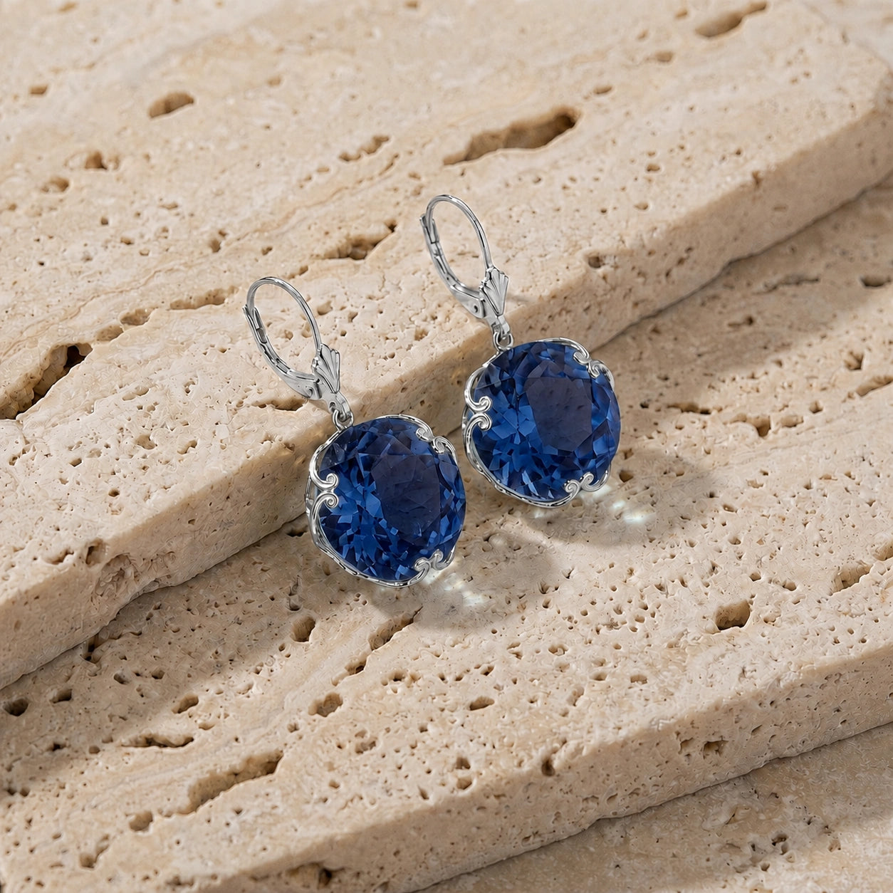 White Gold Rose Leverback Earrings Sapphire 10K — Marianna