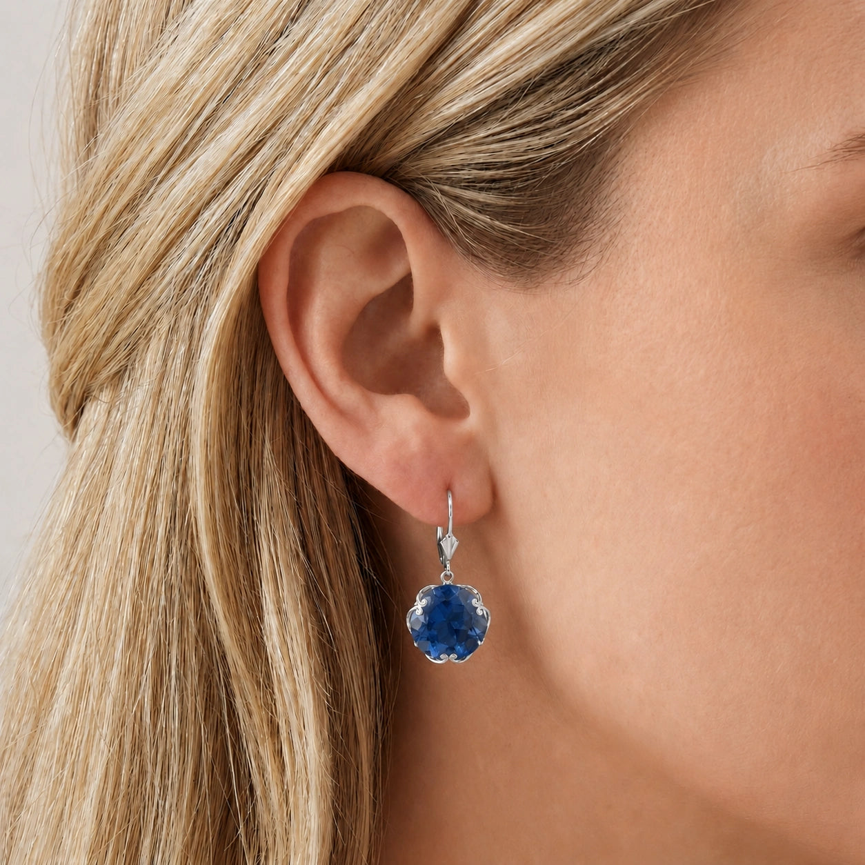 White Gold Rose Leverback Earrings Sapphire 10K — Marianna