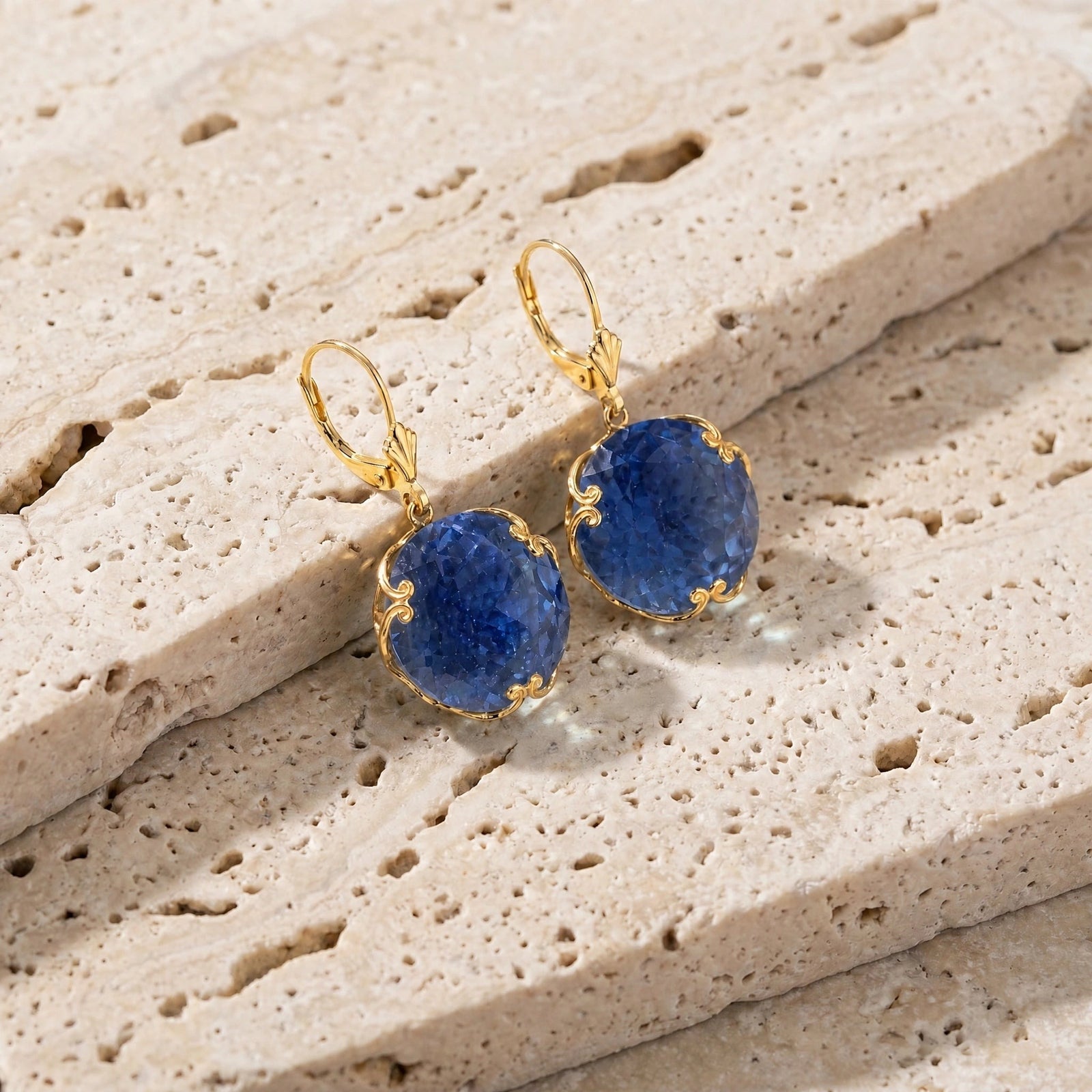 Yellow Gold Rose Leverback Earrings Sapphire 10K — Marianna