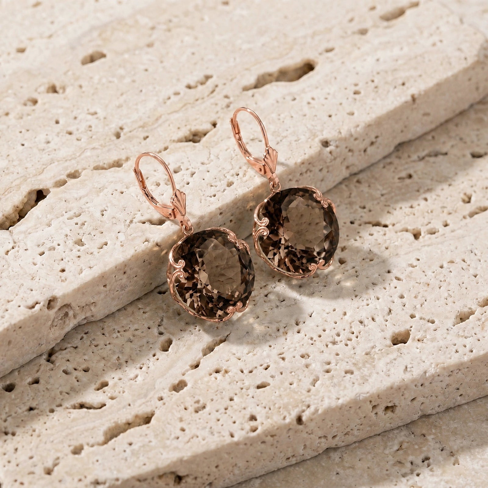 Rose Gold Rose Leverback Earrings Smoky Quartz 10K — Marianna