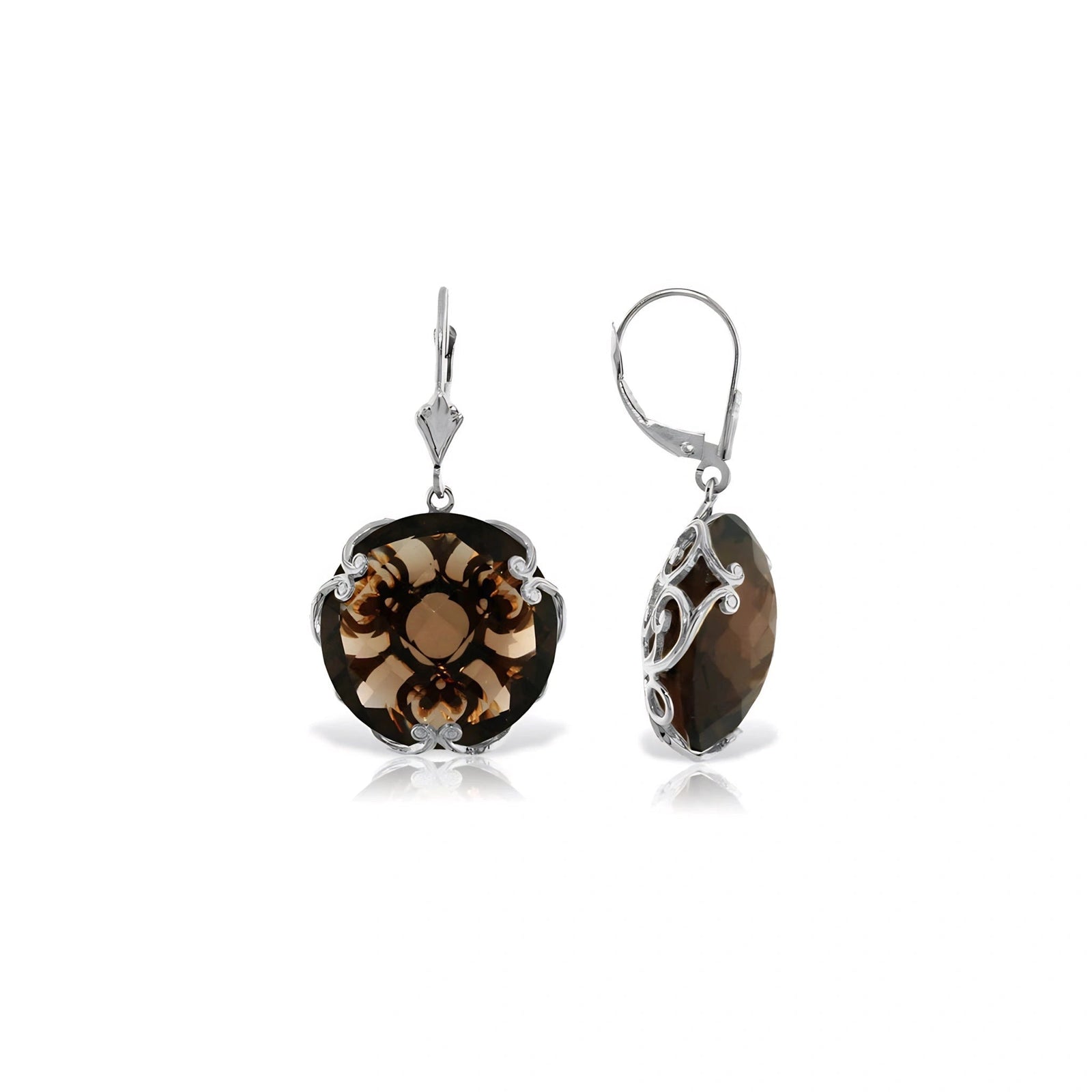 White Gold Rose Leverback Earrings Smoky Quartz 10K — Marianna