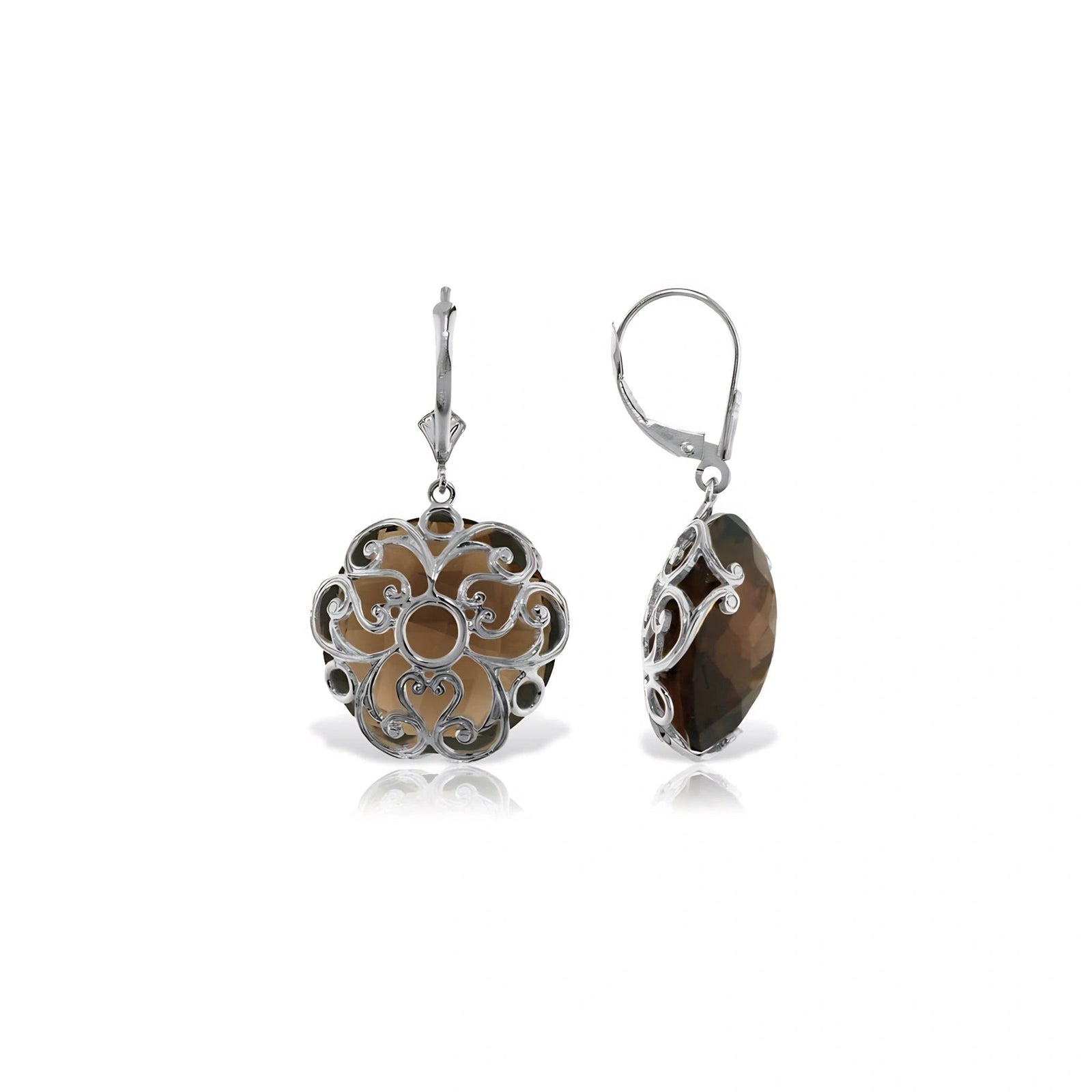 White Gold Rose Leverback Earrings Smoky Quartz 10K — Marianna