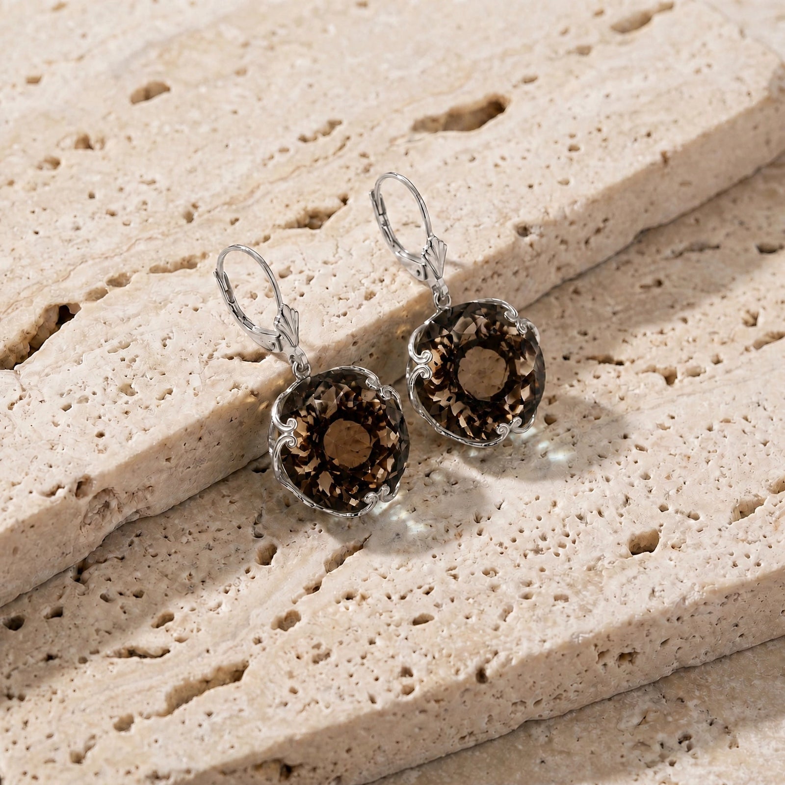 White Gold Rose Leverback Earrings Smoky Quartz 10K — Marianna