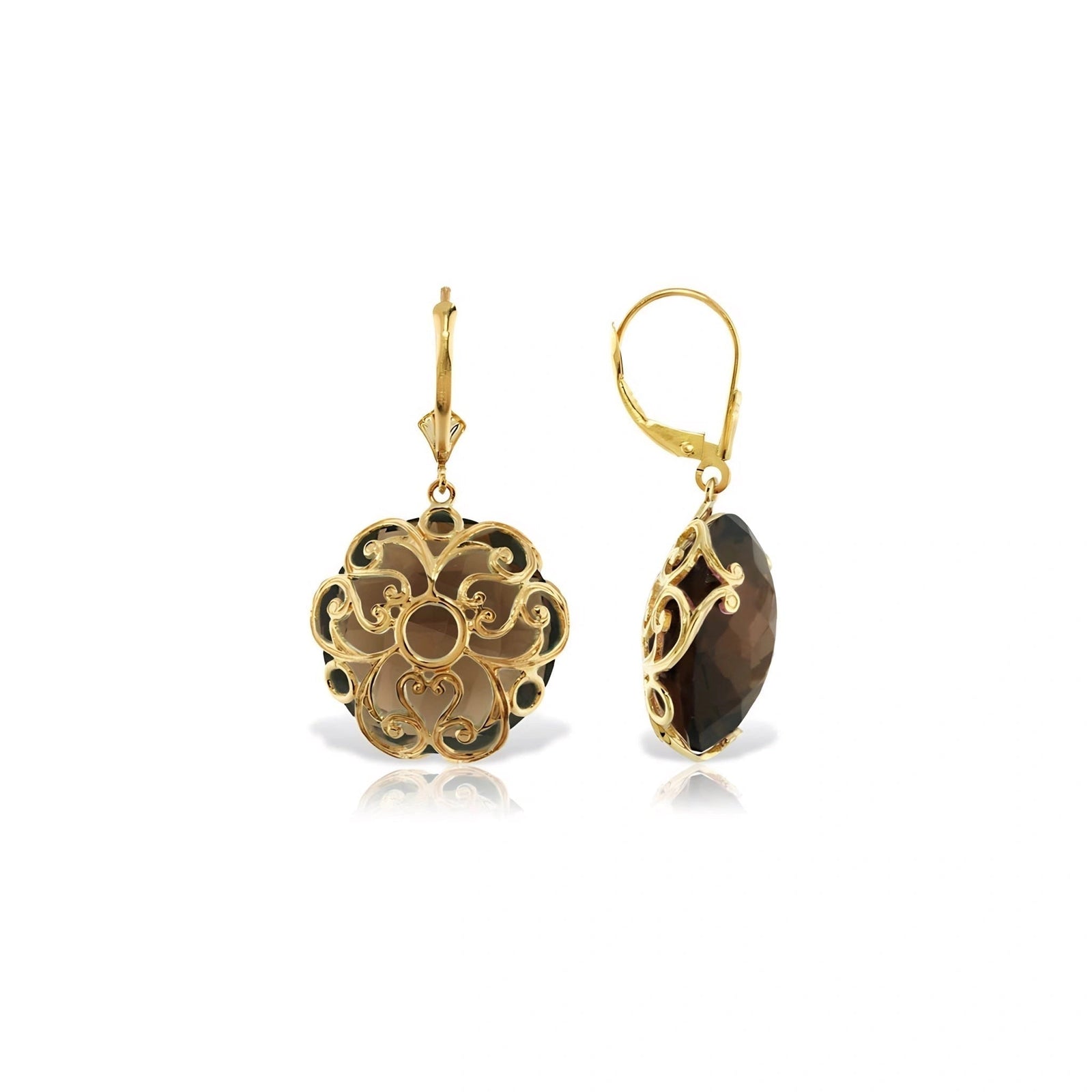 Yellow Gold Rose Leverback Earrings Smoky Quartz 10K — Marianna