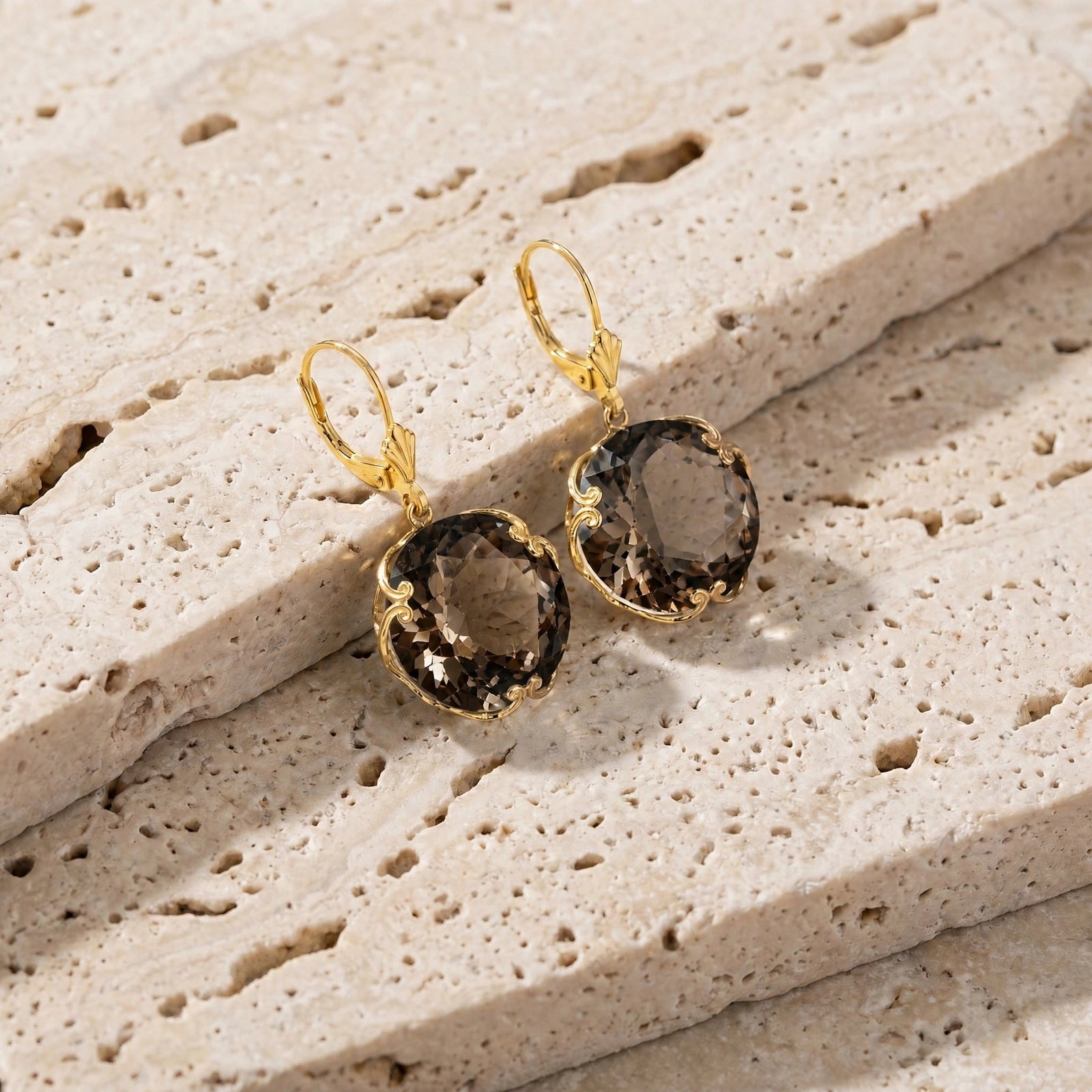 Yellow Gold Rose Leverback Earrings Smoky Quartz 10K — Marianna
