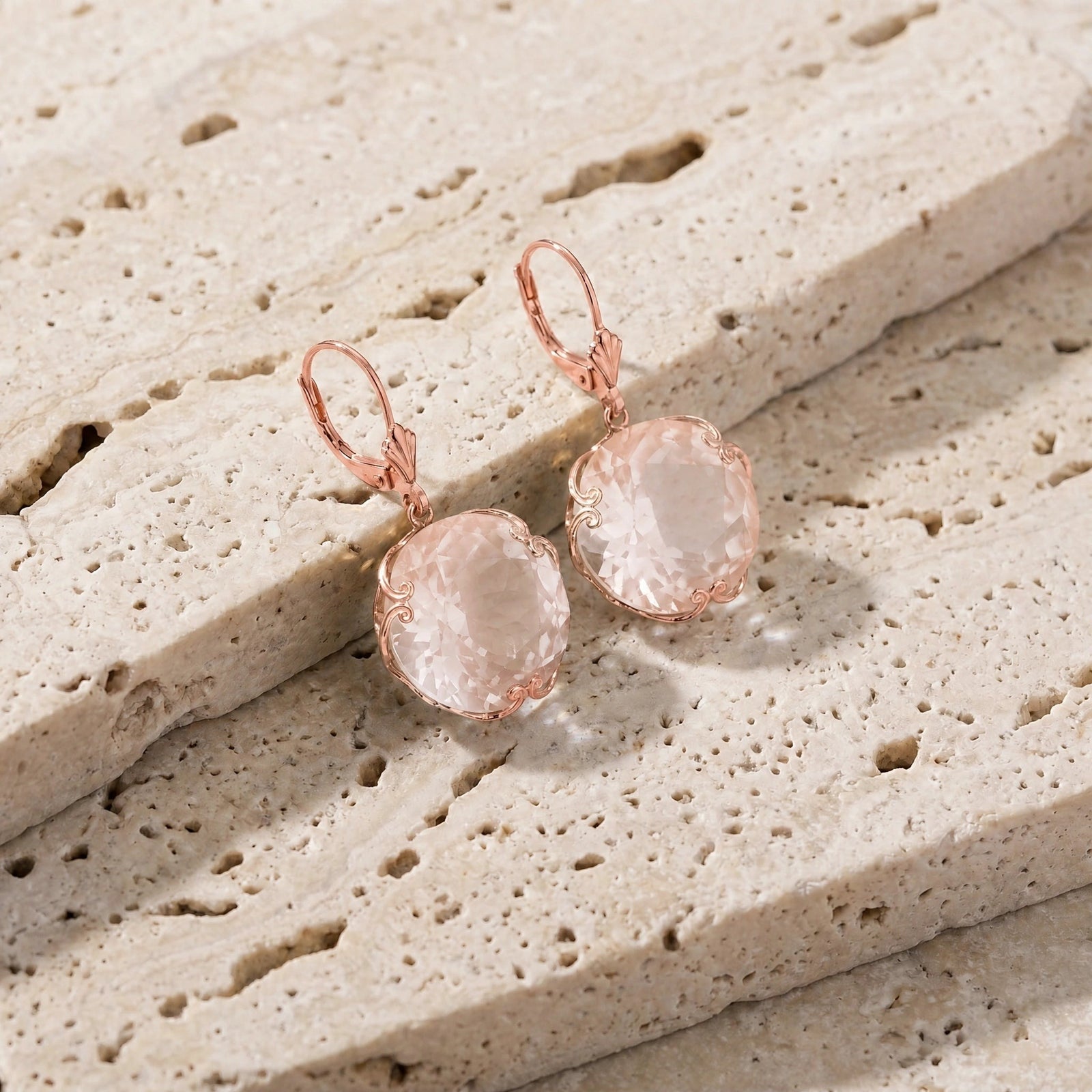 Rose Gold Rose Leverback Earrings Rose Quartz 10K — Marianna
