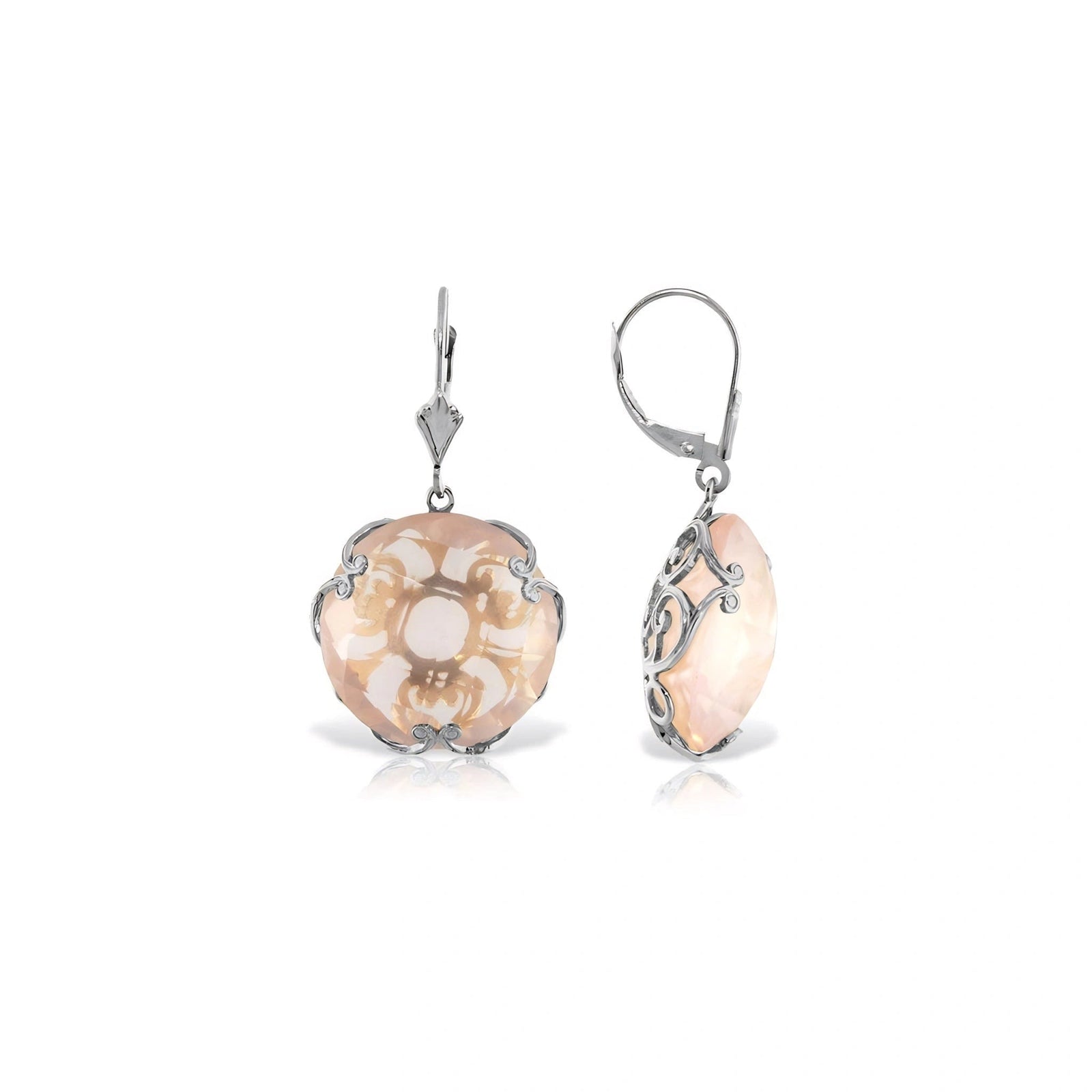 White Gold Rose Leverback Earrings Rose Quartz 10K — Marianna