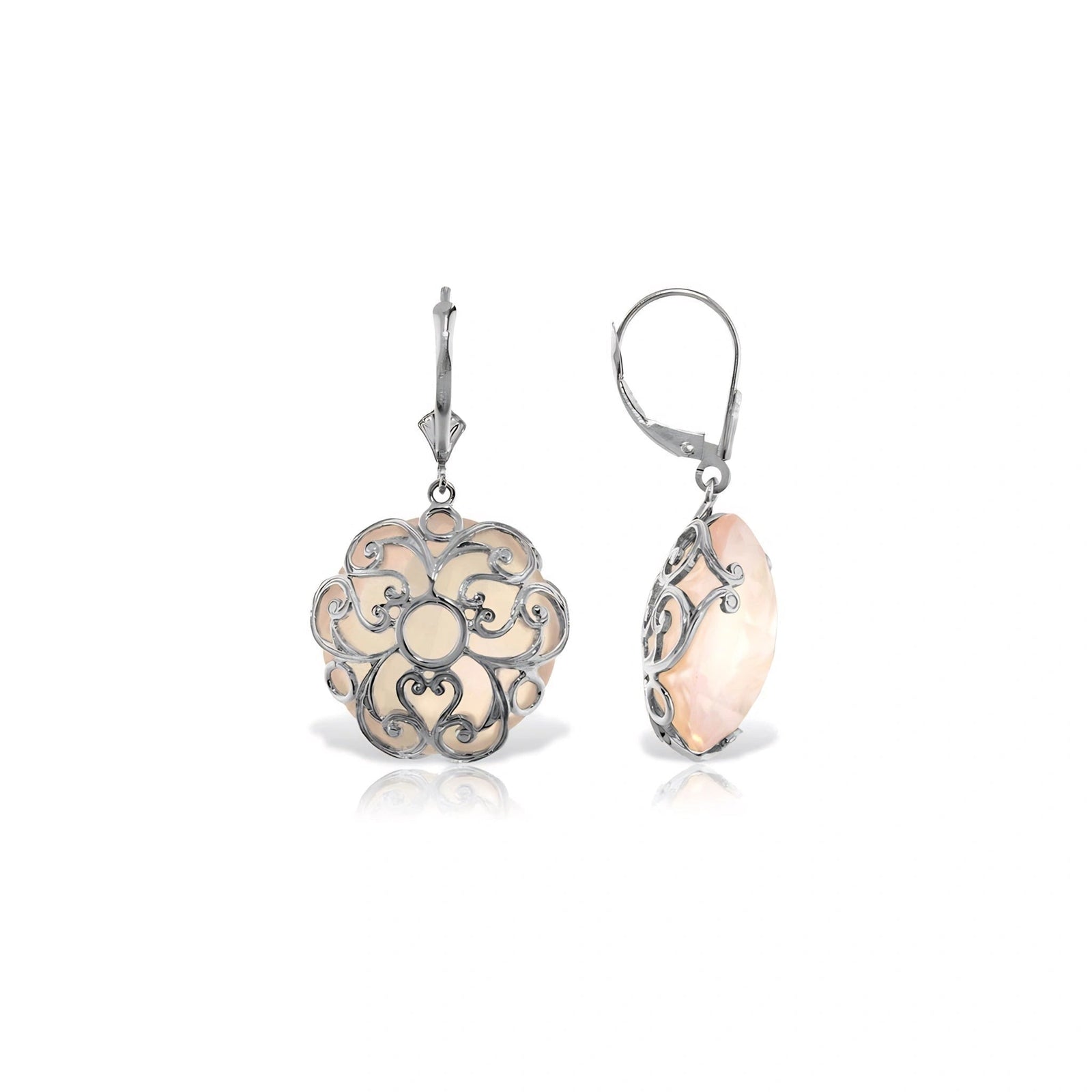 White Gold Rose Leverback Earrings Rose Quartz 10K — Marianna