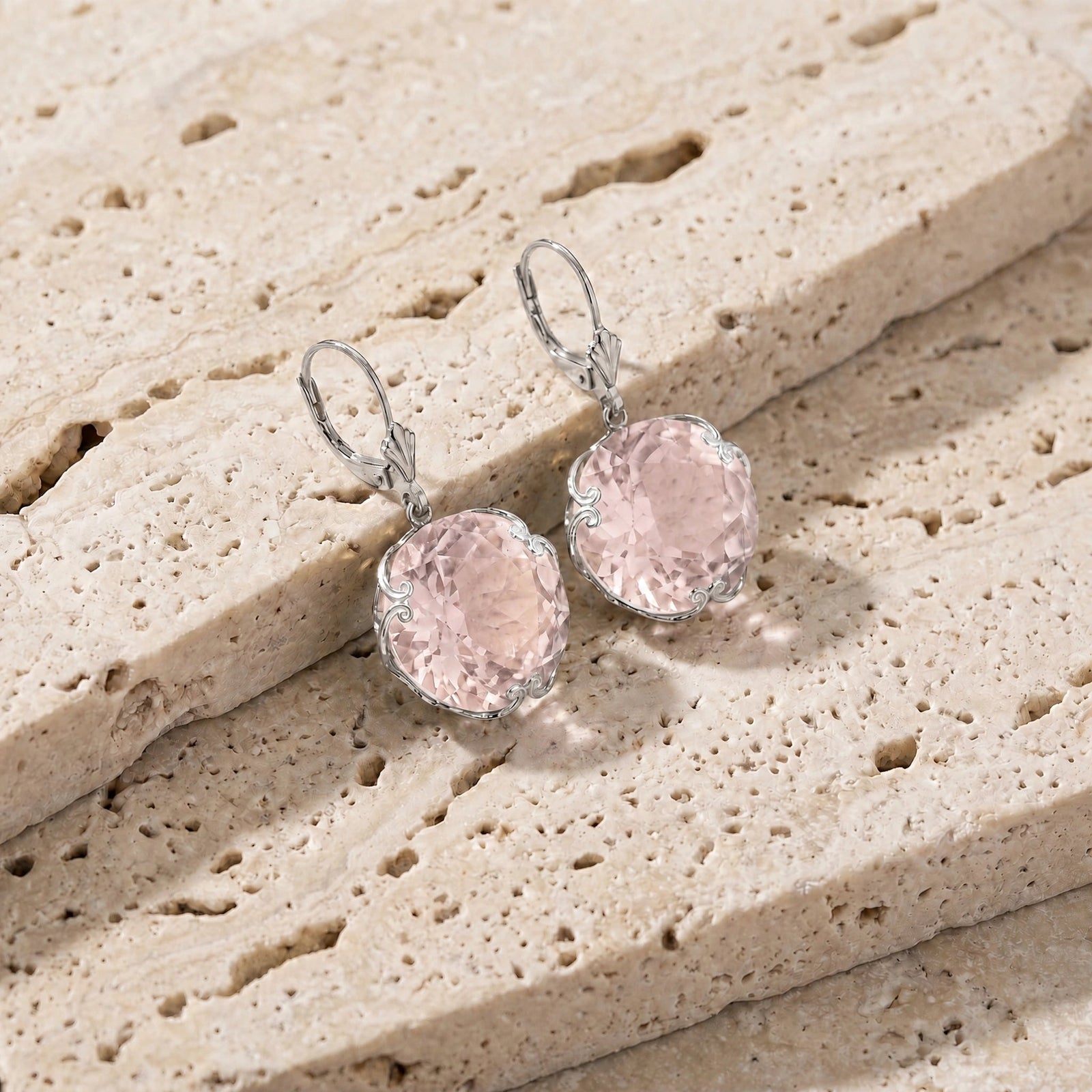 White Gold Rose Leverback Earrings Rose Quartz 10K — Marianna