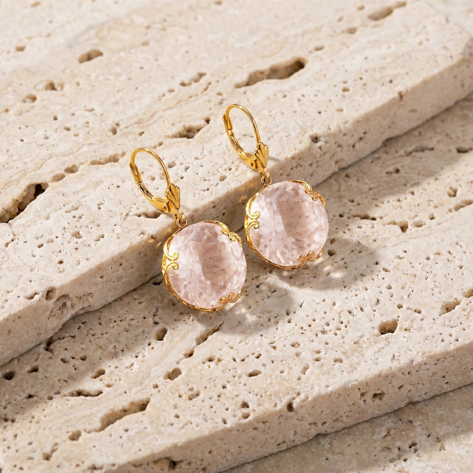 Yellow Gold Rose Leverback Earrings Rose Quartz 10K — Marianna