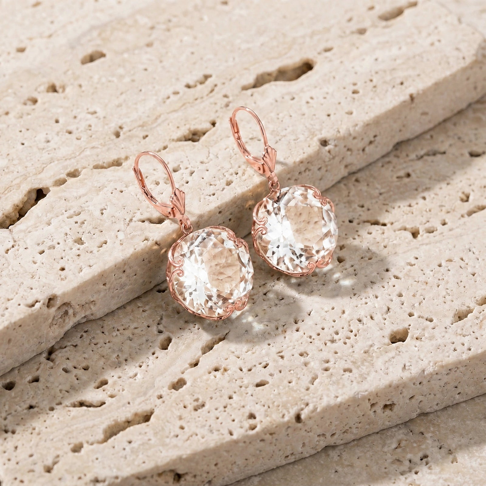 Rose Gold Rose Leverback Earrings White Topaz 10K — Marianna