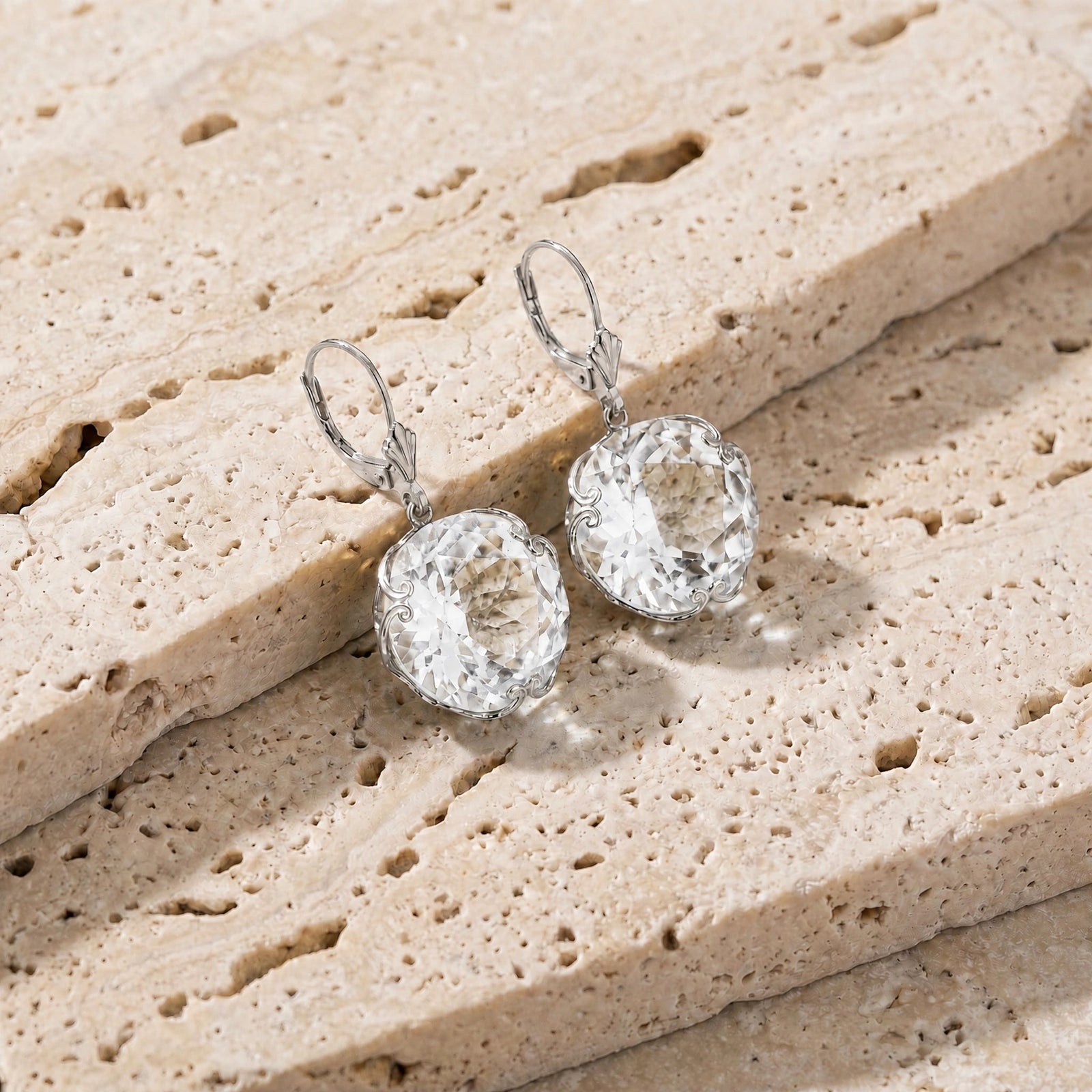 White Gold Rose Leverback Earrings White Topaz 10K — Marianna