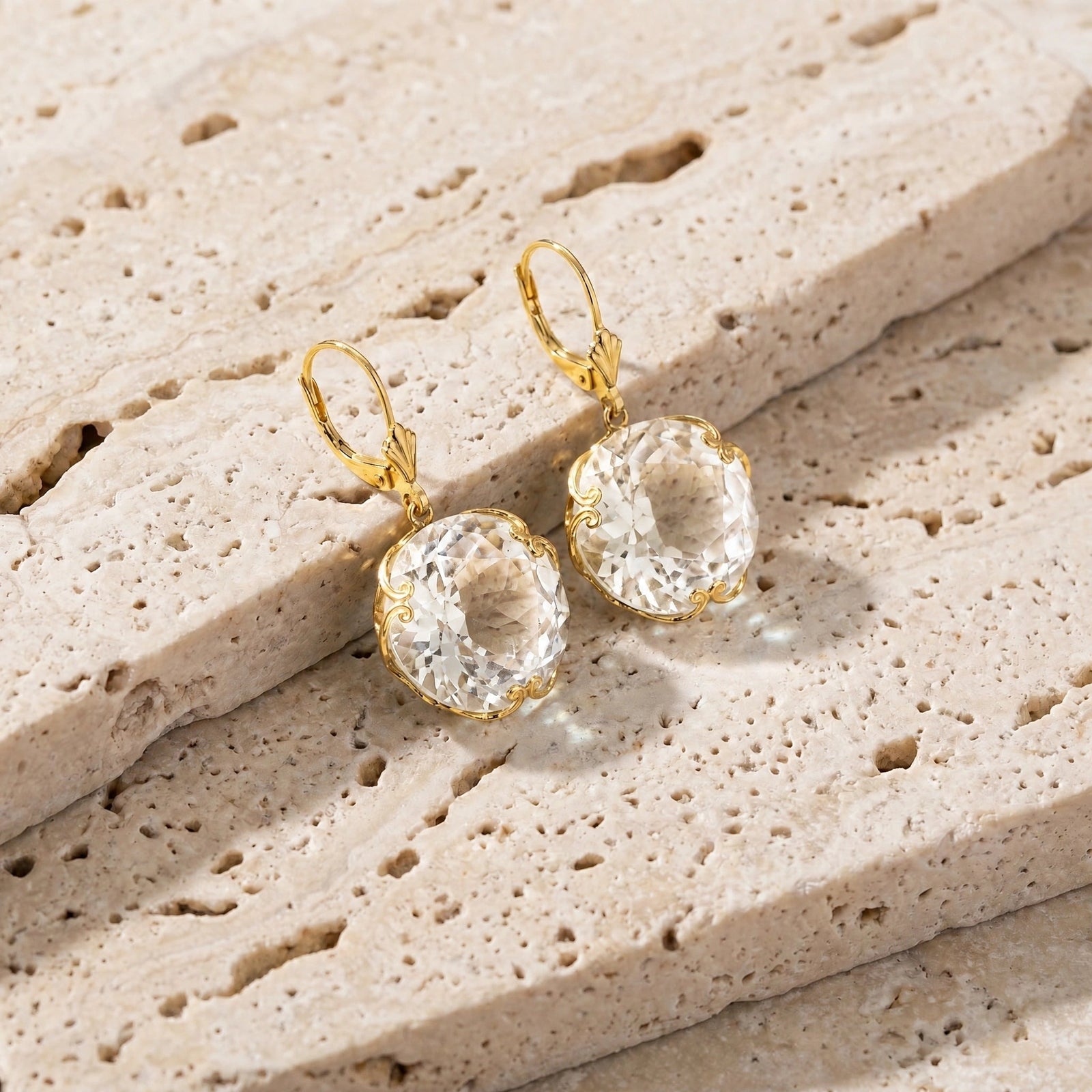 Yellow Gold Rose Leverback Earrings White Topaz 10K — Marianna