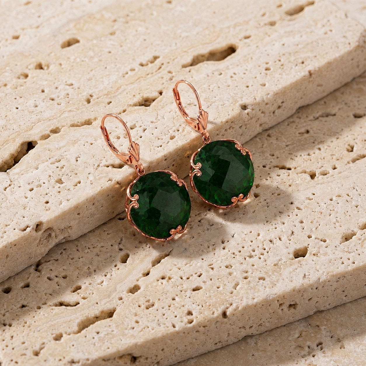 Rose Gold Rose Leverback Earrings Green Sapphire 10K — Marianna