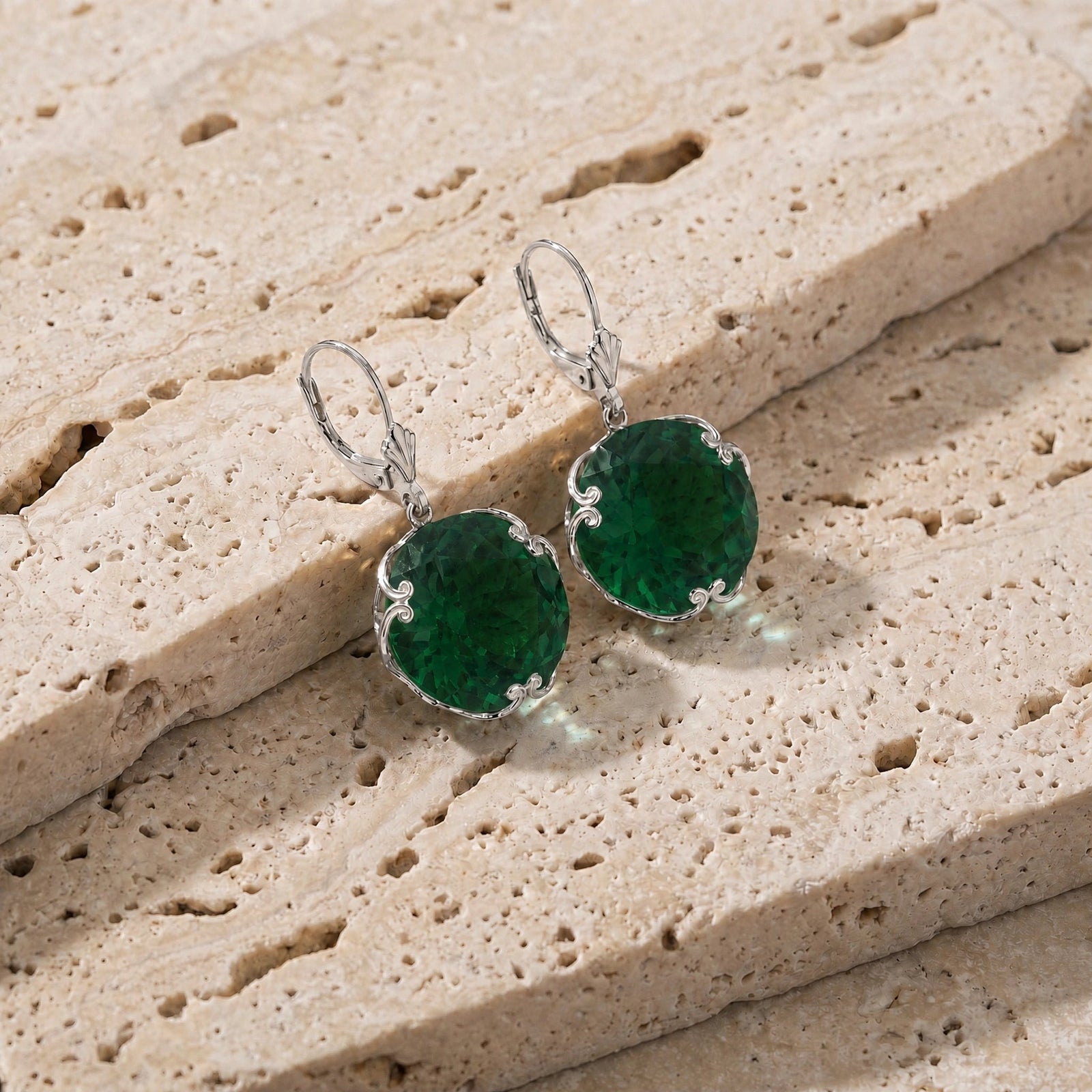 White Gold Rose Leverback Earrings Green Sapphire 10K — Marianna