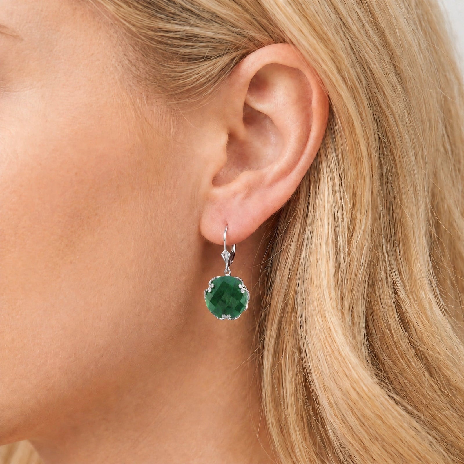 White Gold Rose Leverback Earrings Green Sapphire 10K — Marianna