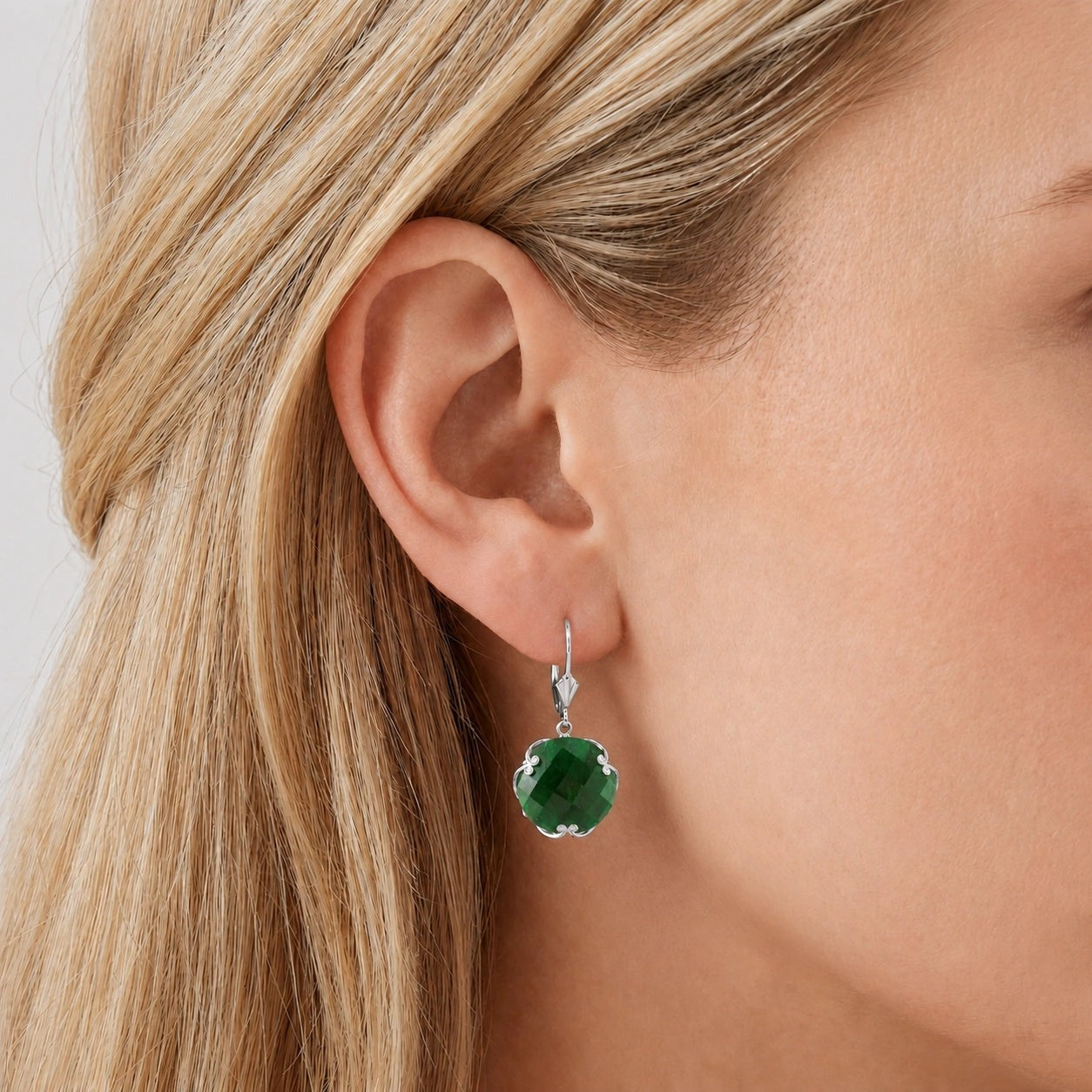 White Gold Rose Leverback Earrings Green Sapphire 10K — Marianna