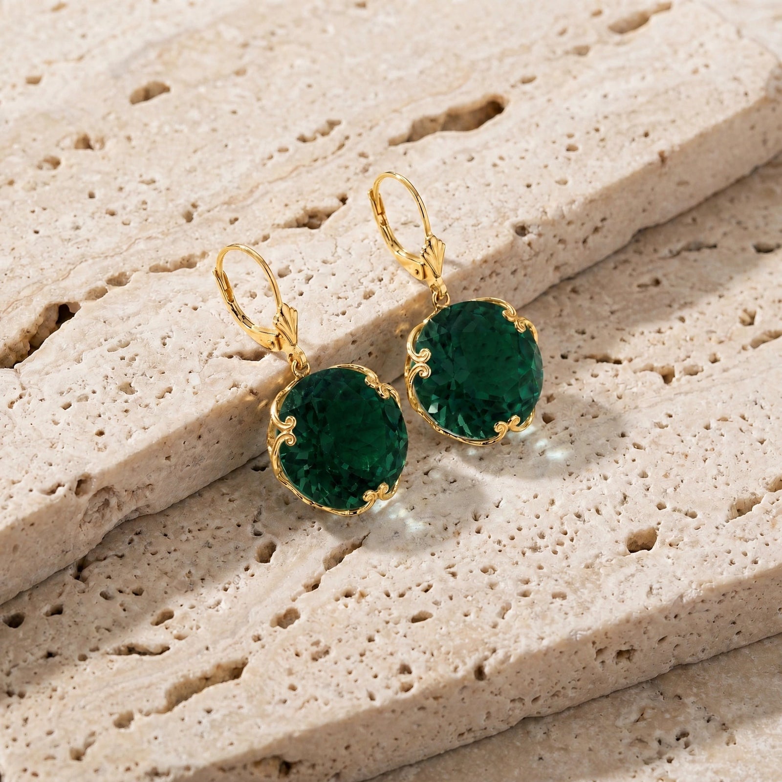 Yellow Gold Rose Leverback Earrings Green Sapphire 10K — Marianna