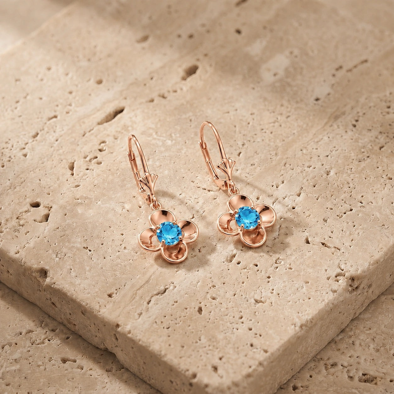 Rose Gold Belle Earrings Blue Topaz 10K — Diamante
