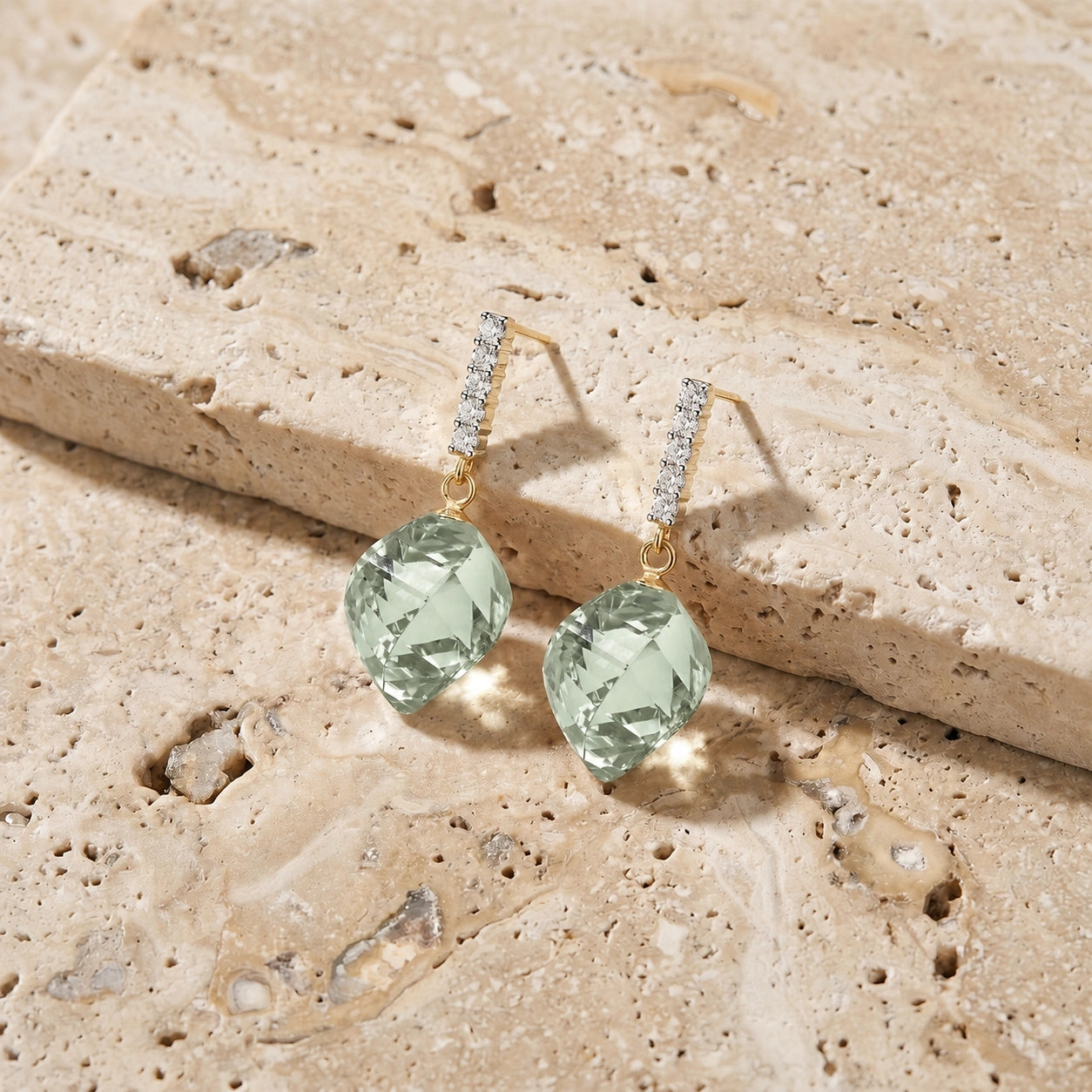 Yellow Gold Earrings Green Amethyst 10K — Ofelia