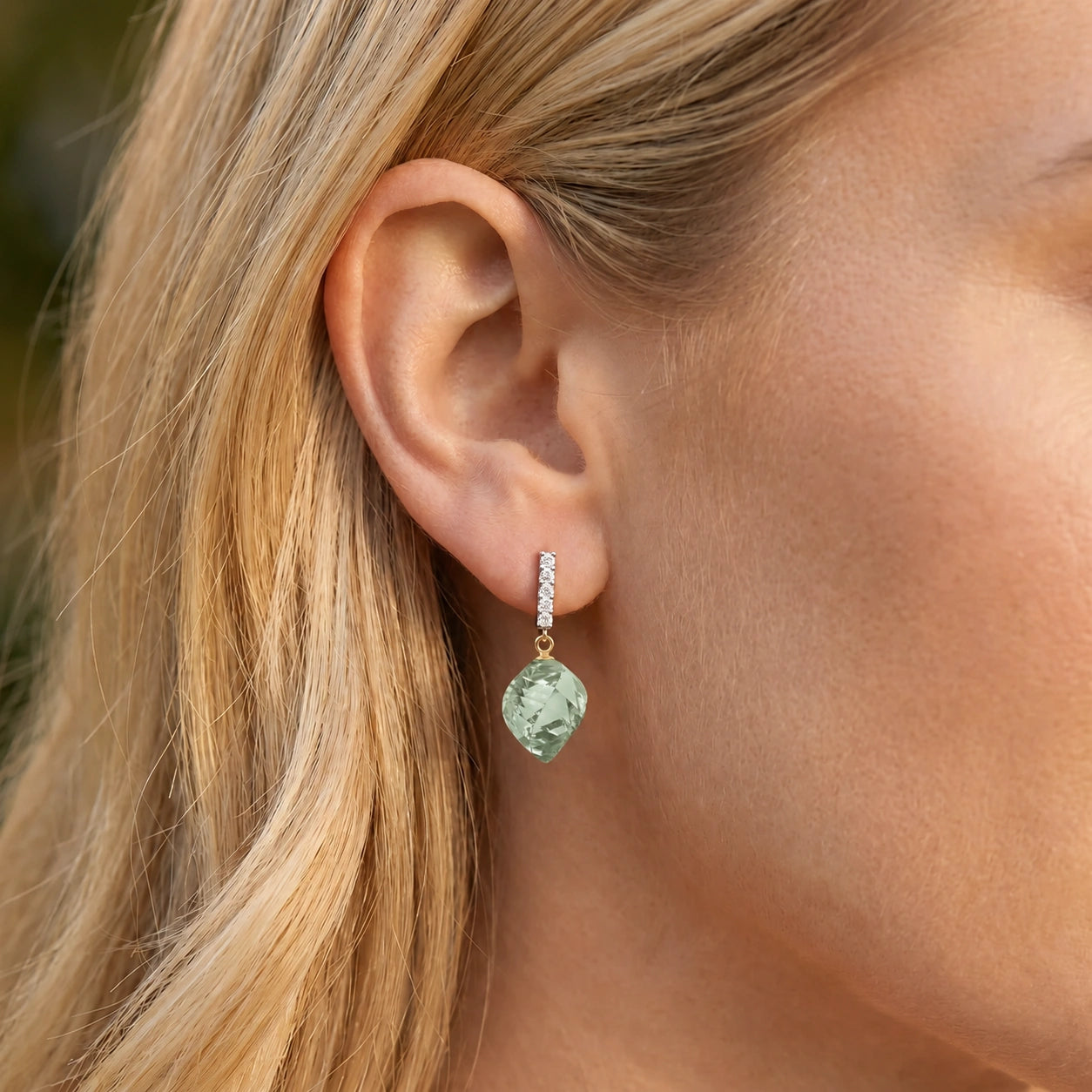 Yellow Gold Earrings Green Amethyst 10K — Ofelia