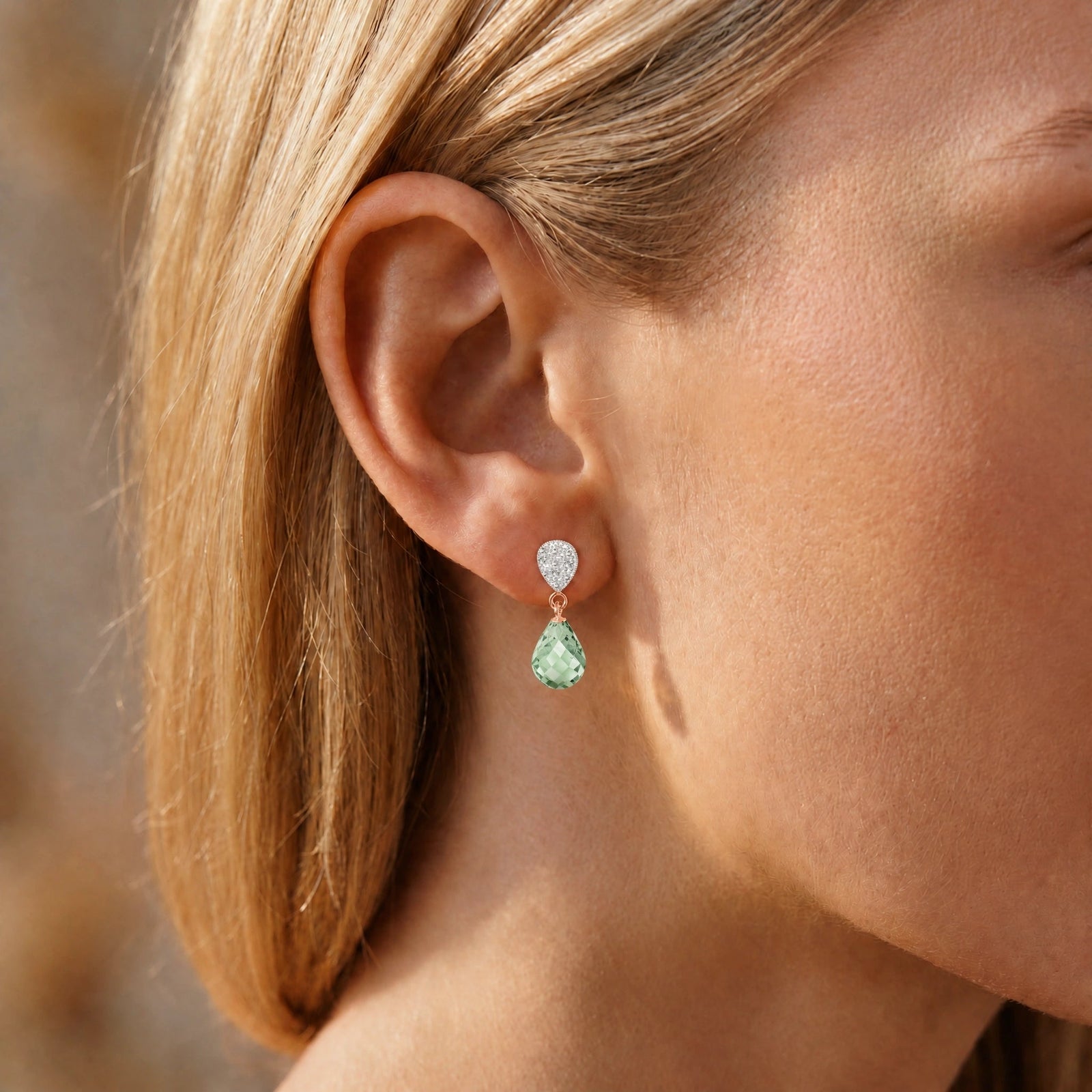 Rose Gold Earrings Green Amethyst 10K — Enrichetta