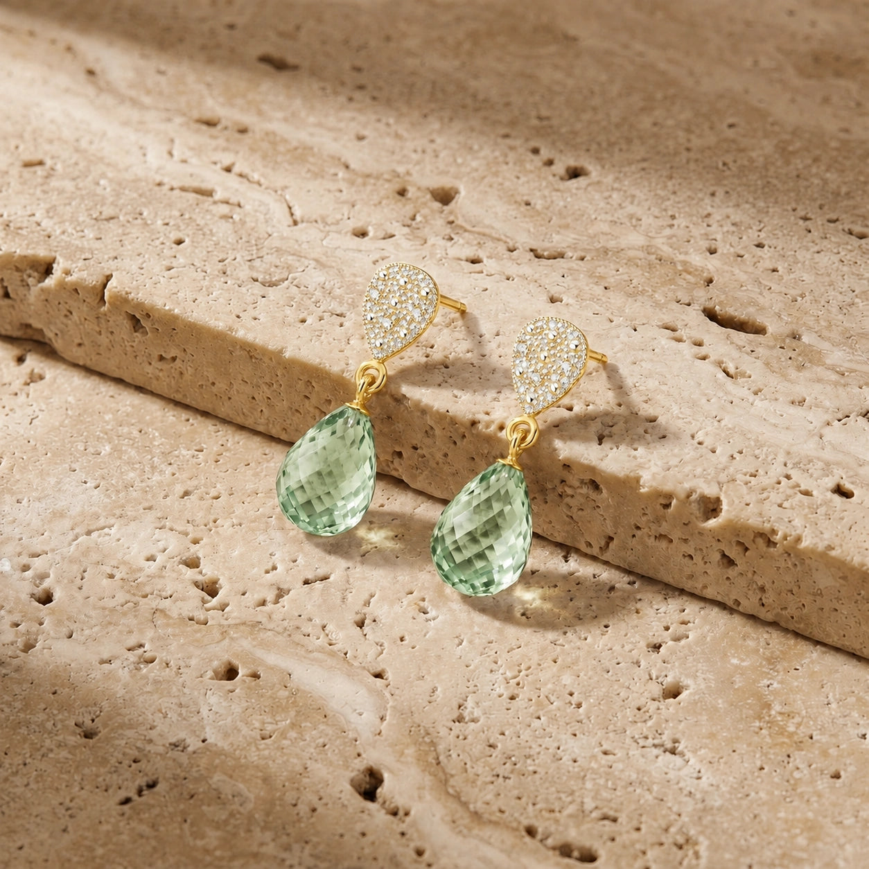 Yellow Gold Earrings Green Amethyst 10K — Enrichetta