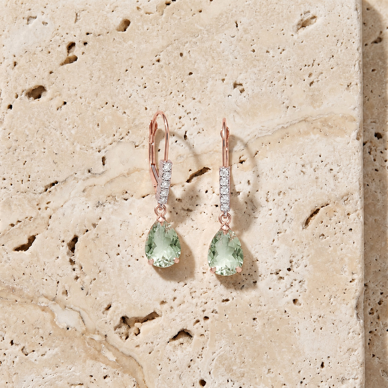 Rose Gold Petal Earrings Green Amethyst 10K — Immacolata