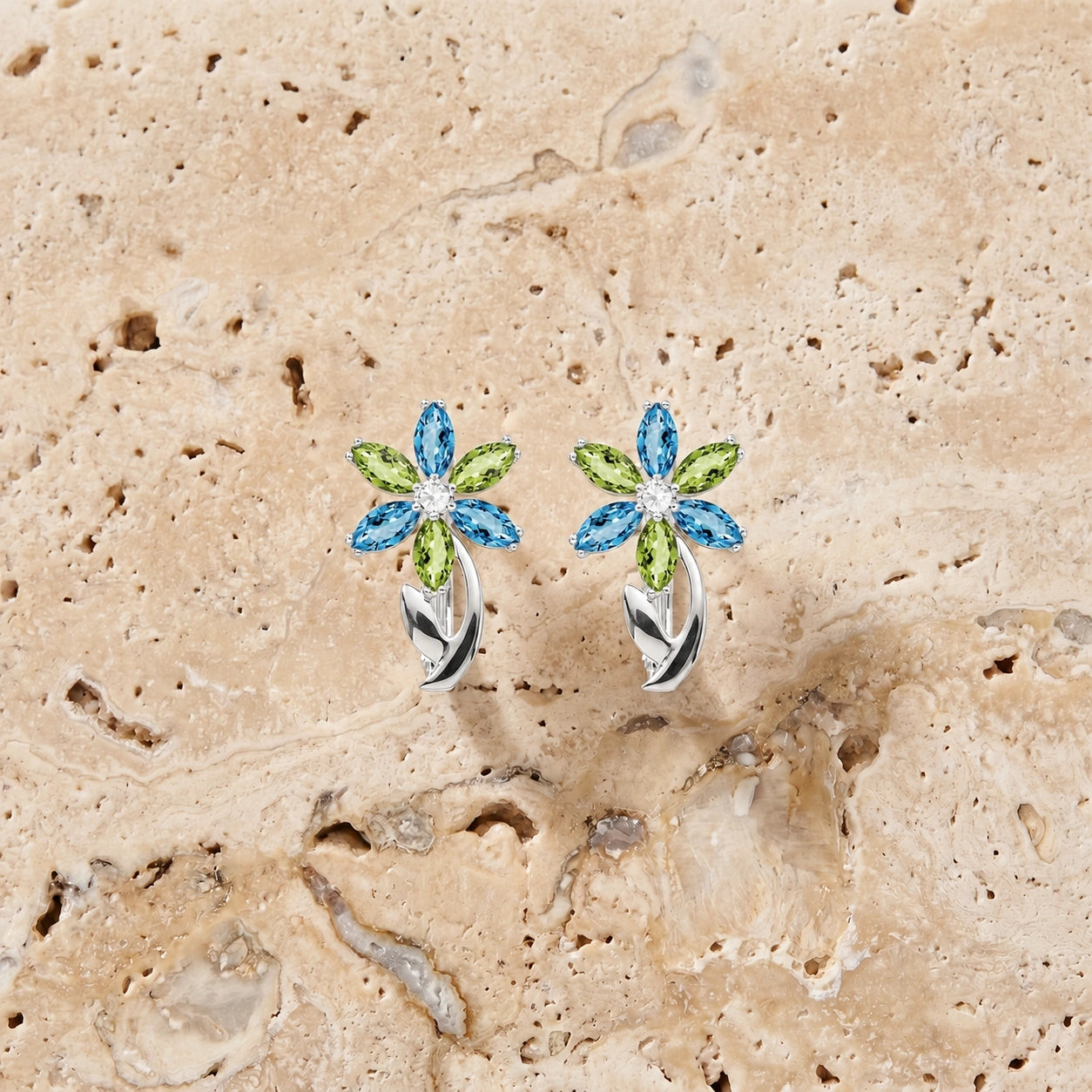 White Gold Earrings Multi-Gemstone 10K — Petronilla
