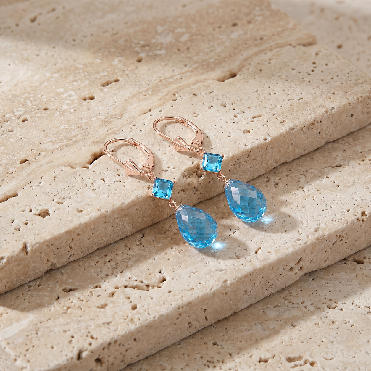 Rose Gold Petal Earrings Blue Topaz 10K — Fabiola