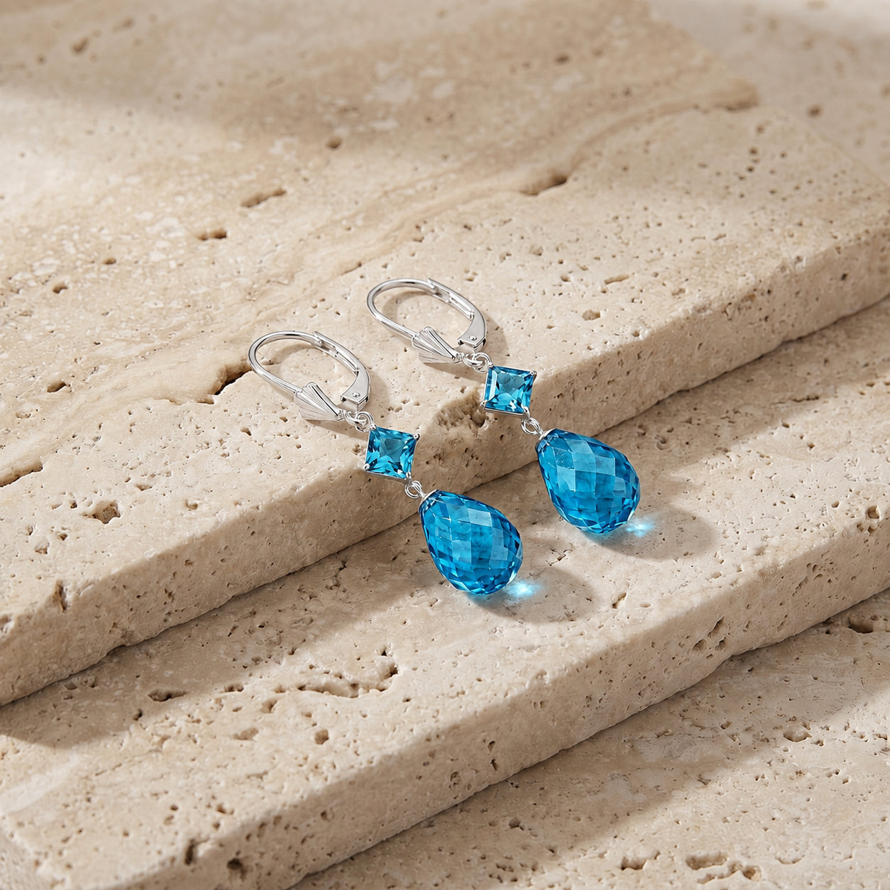 White Gold Petal Earrings Blue Topaz 10K — Fabiola