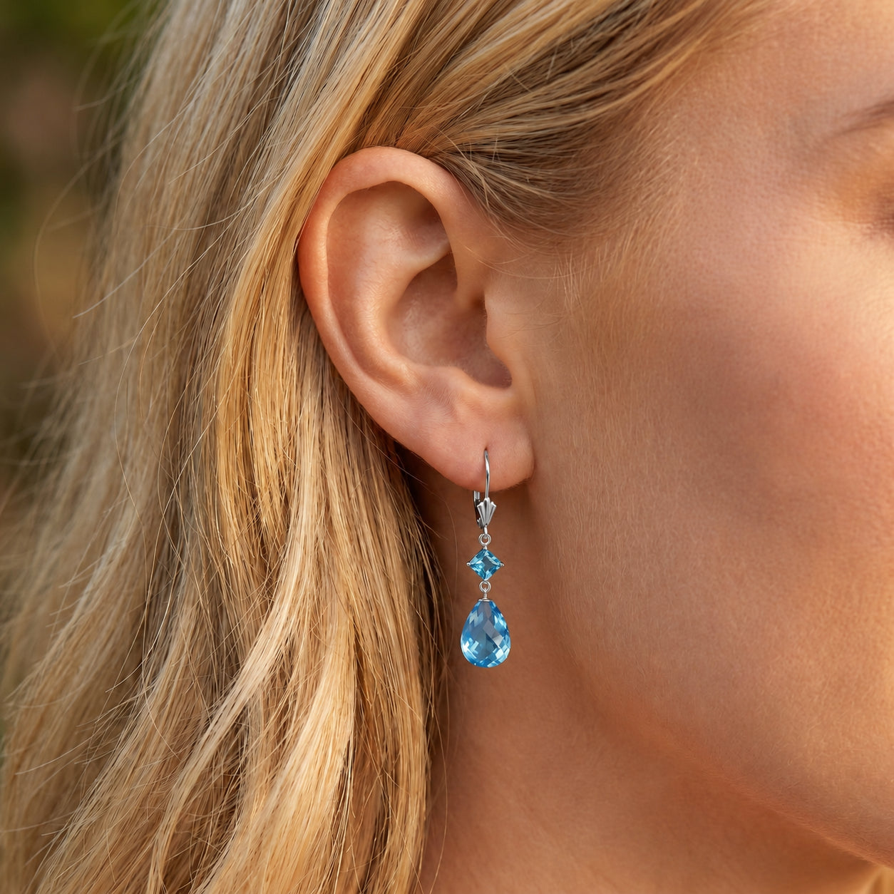 White Gold Petal Earrings Blue Topaz 10K — Fabiola