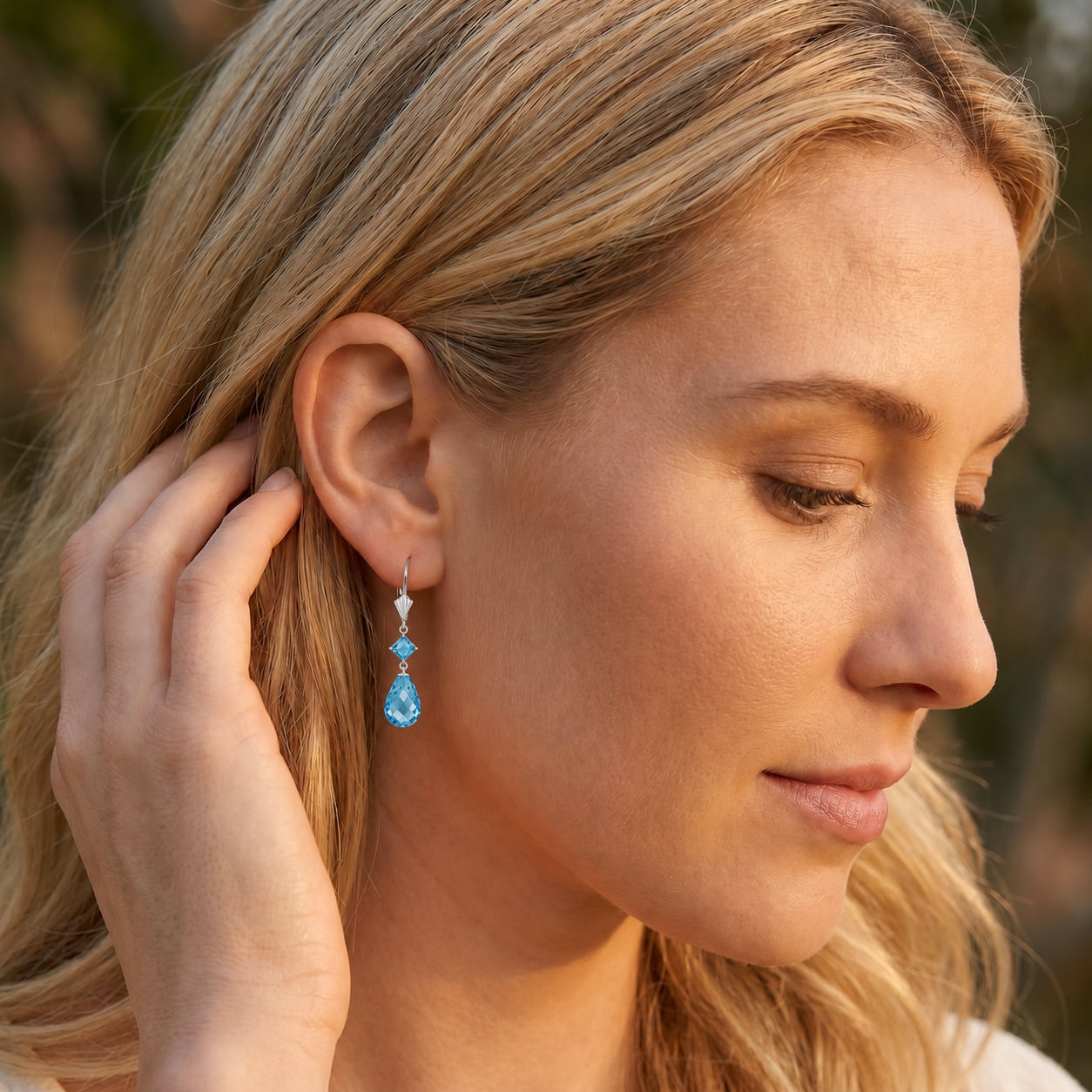 White Gold Petal Earrings Blue Topaz 10K — Fabiola