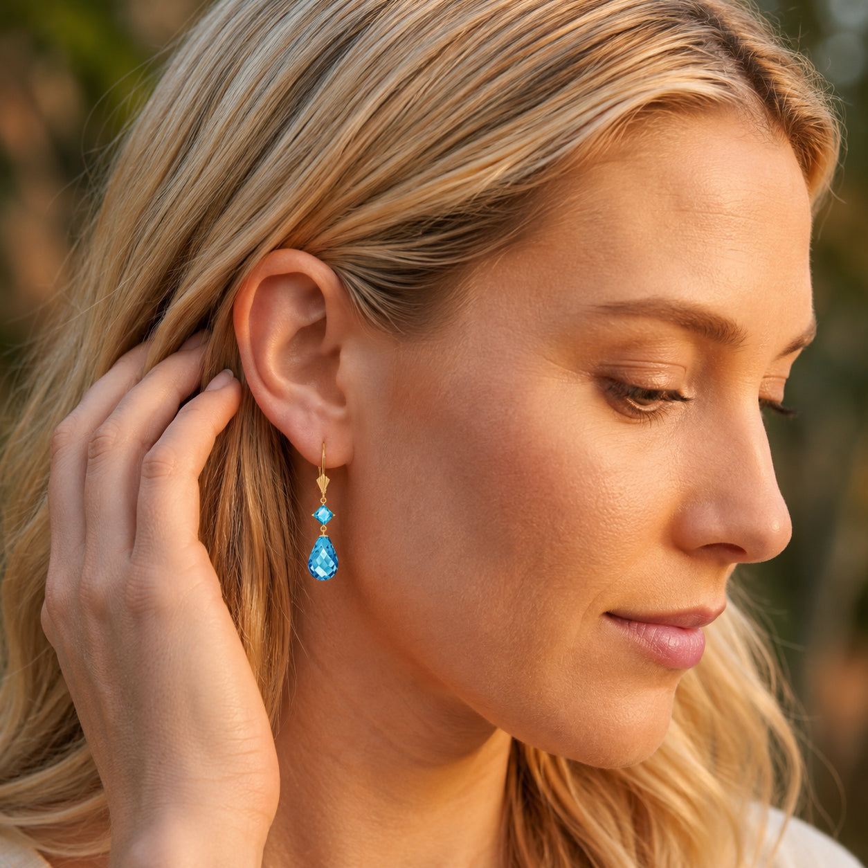 Yellow Gold Petal Earrings Blue Topaz 10K — Fabiola