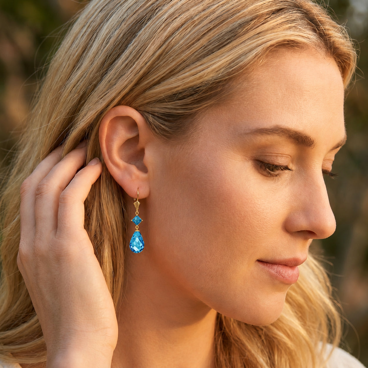 Yellow Gold Petal Earrings Blue Topaz 10K — Fabiola