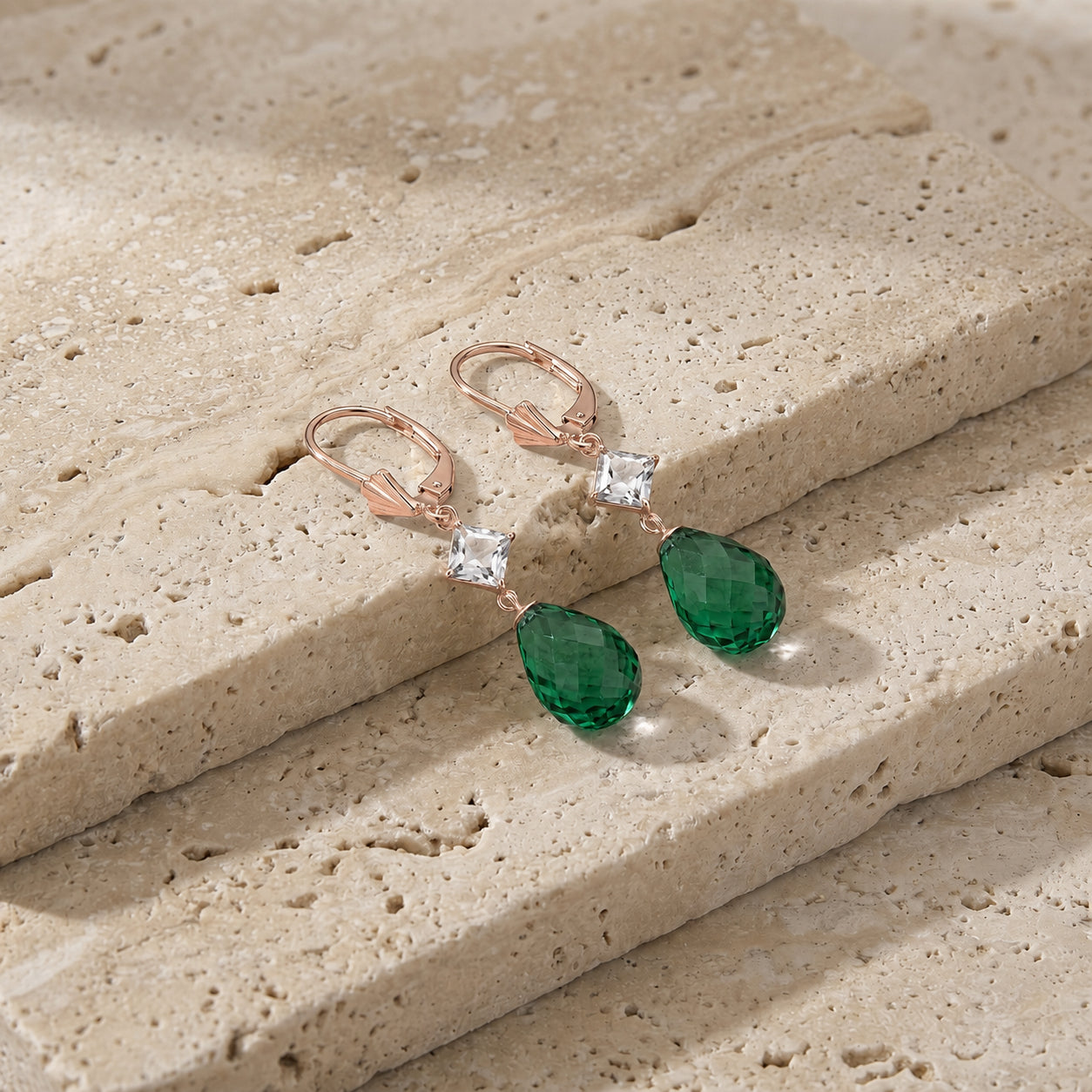 Rose Gold Petal Earrings Emerald 10K — Fabiola