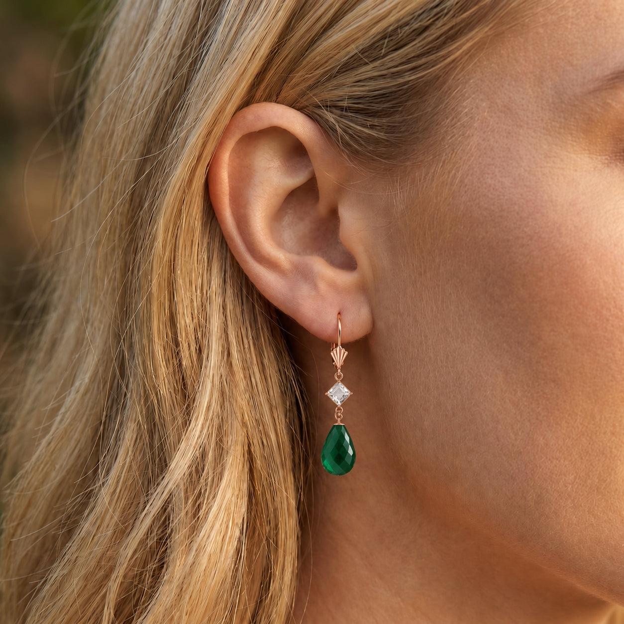 Rose Gold Petal Earrings Emerald 10K — Fabiola