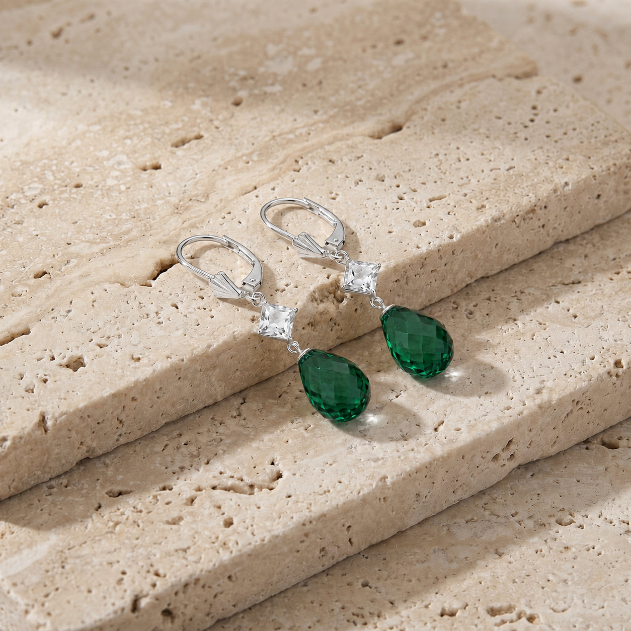 White Gold Petal Earrings Emerald 10K — Fabiola