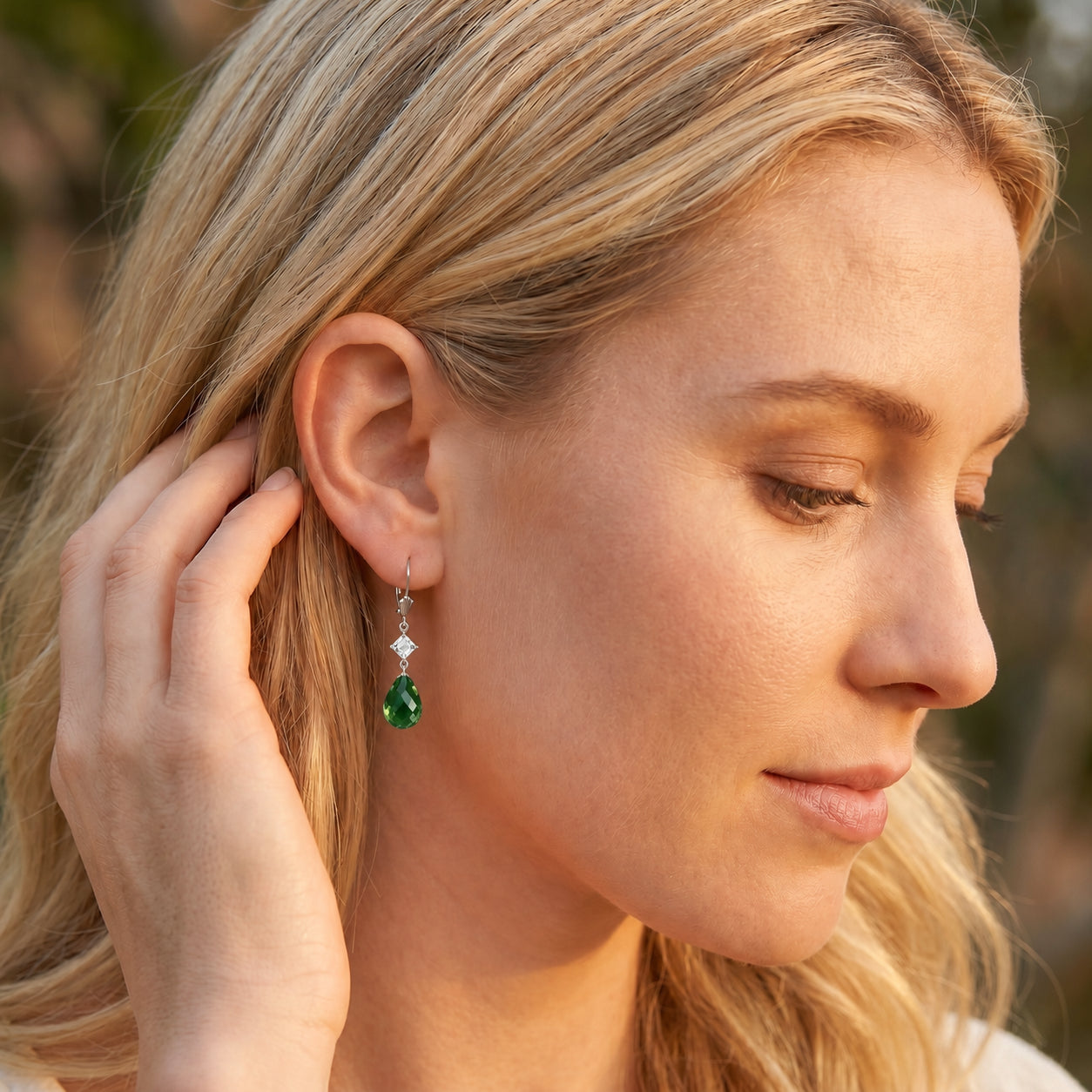 White Gold Petal Earrings Emerald 10K — Fabiola