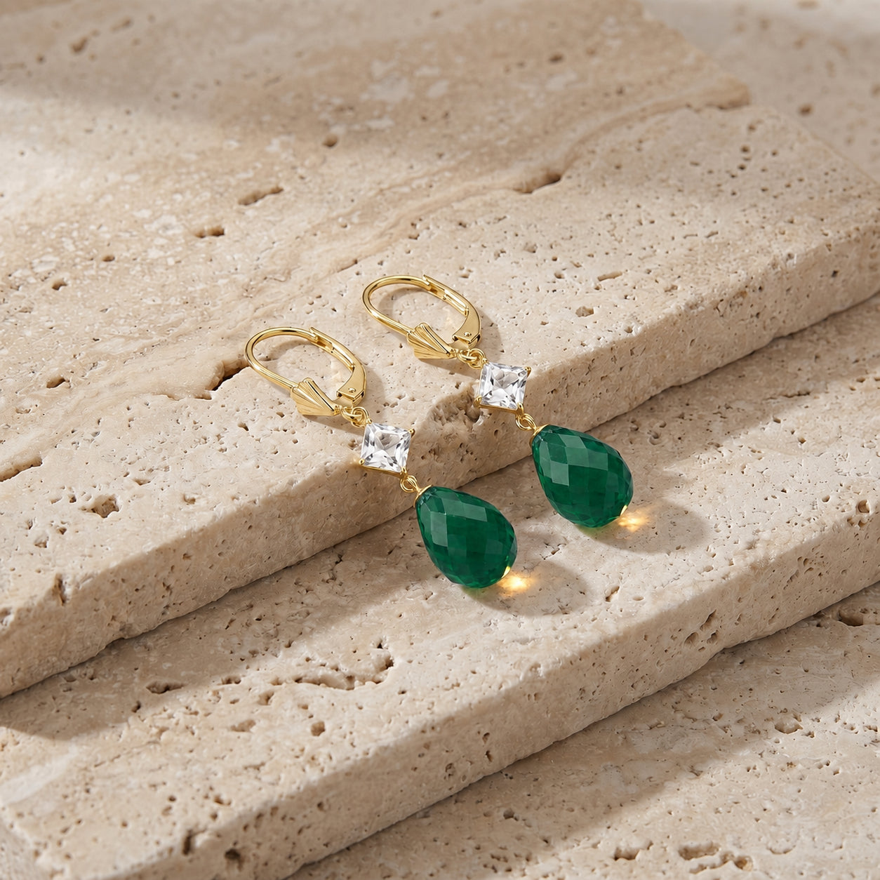 Yellow Gold Petal Earrings Emerald 10K — Fabiola