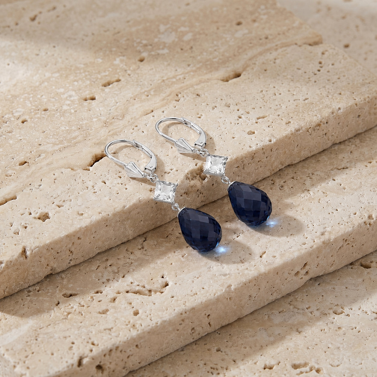 White Gold Petal Earrings Sapphire 10K — Fabiola