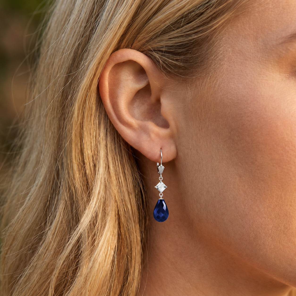 White Gold Petal Earrings Sapphire 10K — Fabiola