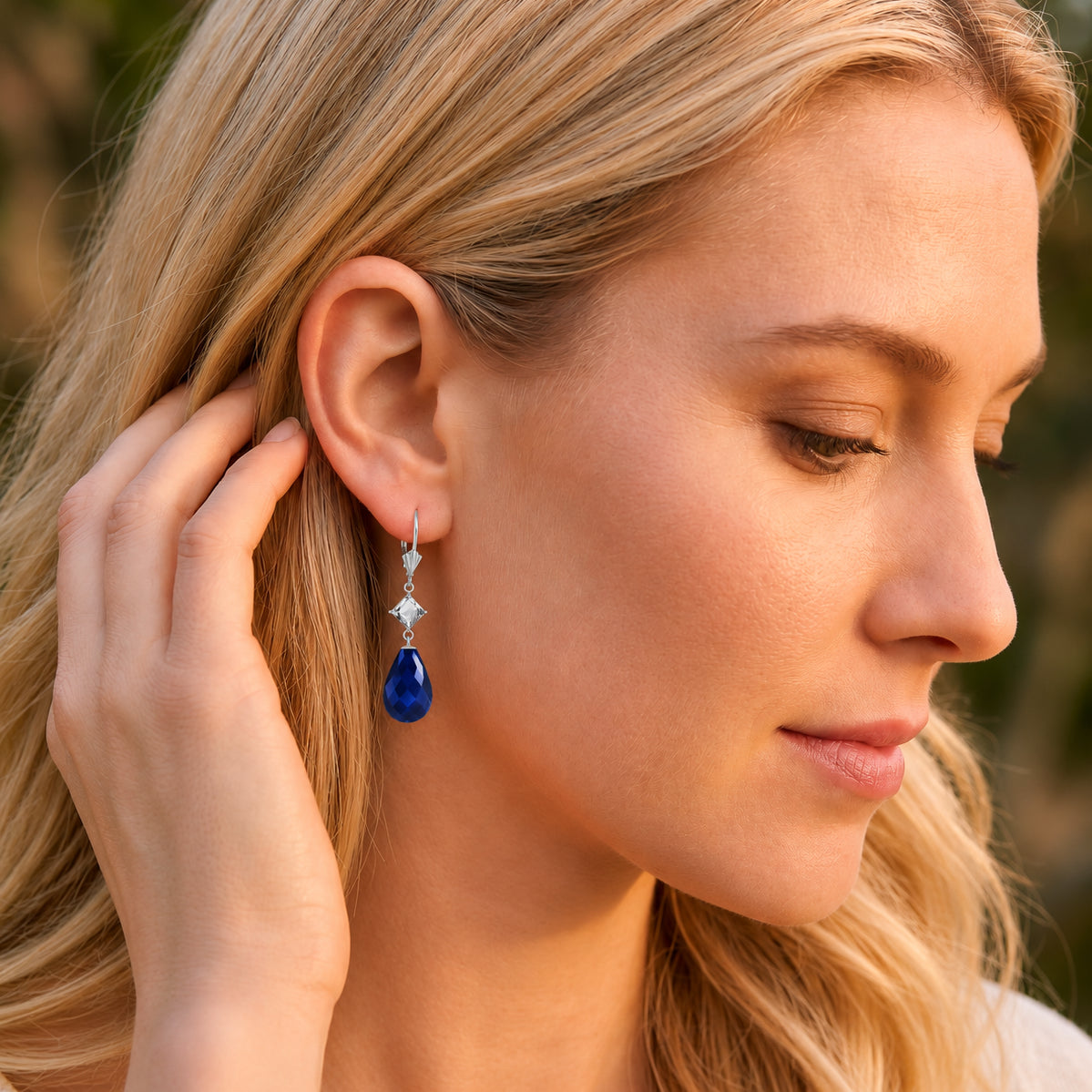 White Gold Petal Earrings Sapphire 10K — Fabiola